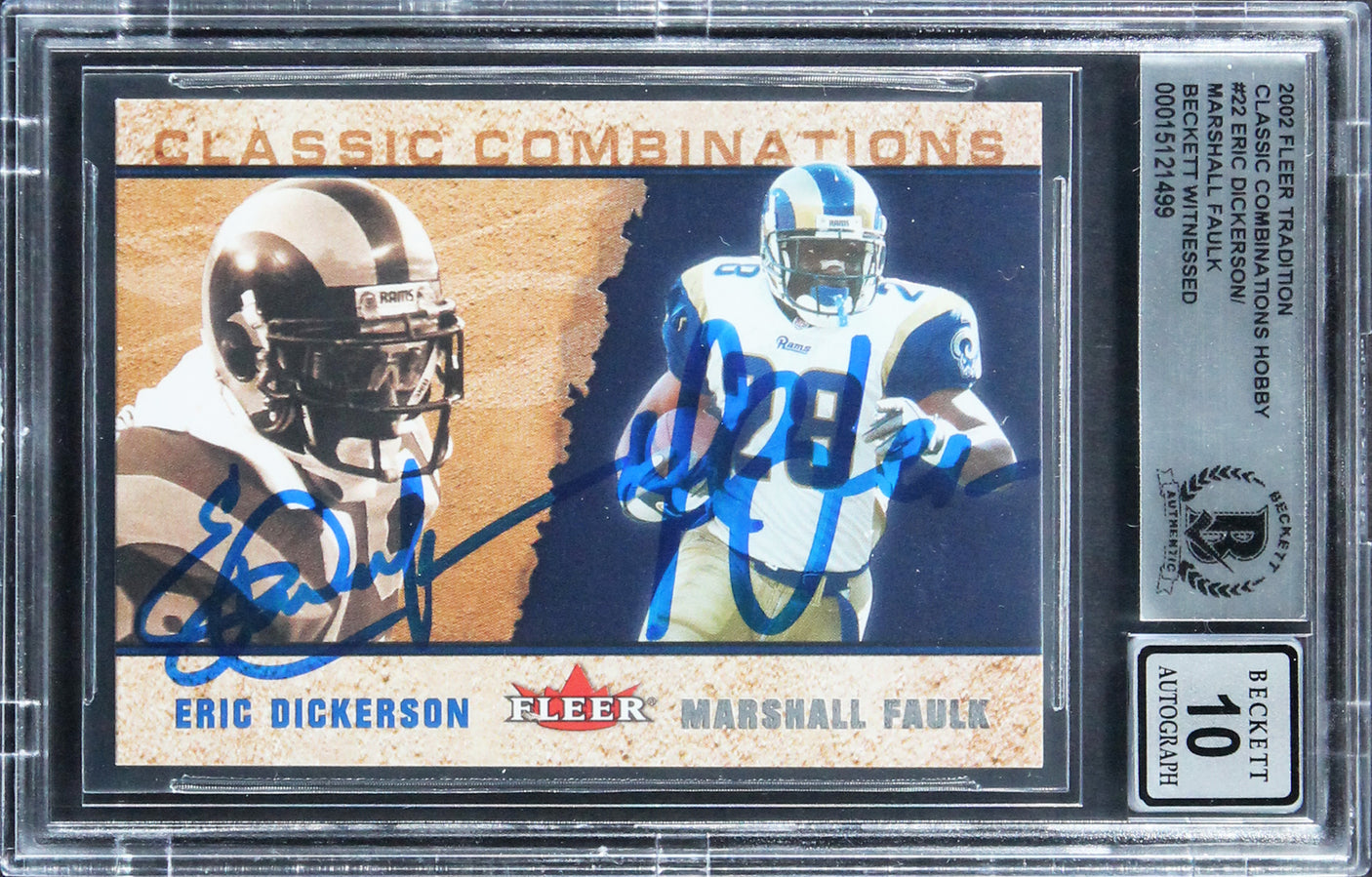 Eric Dickerson & Marshall Faulk Signed 2002 Fleer Trad #22 Card Auto 10 BAS Slab