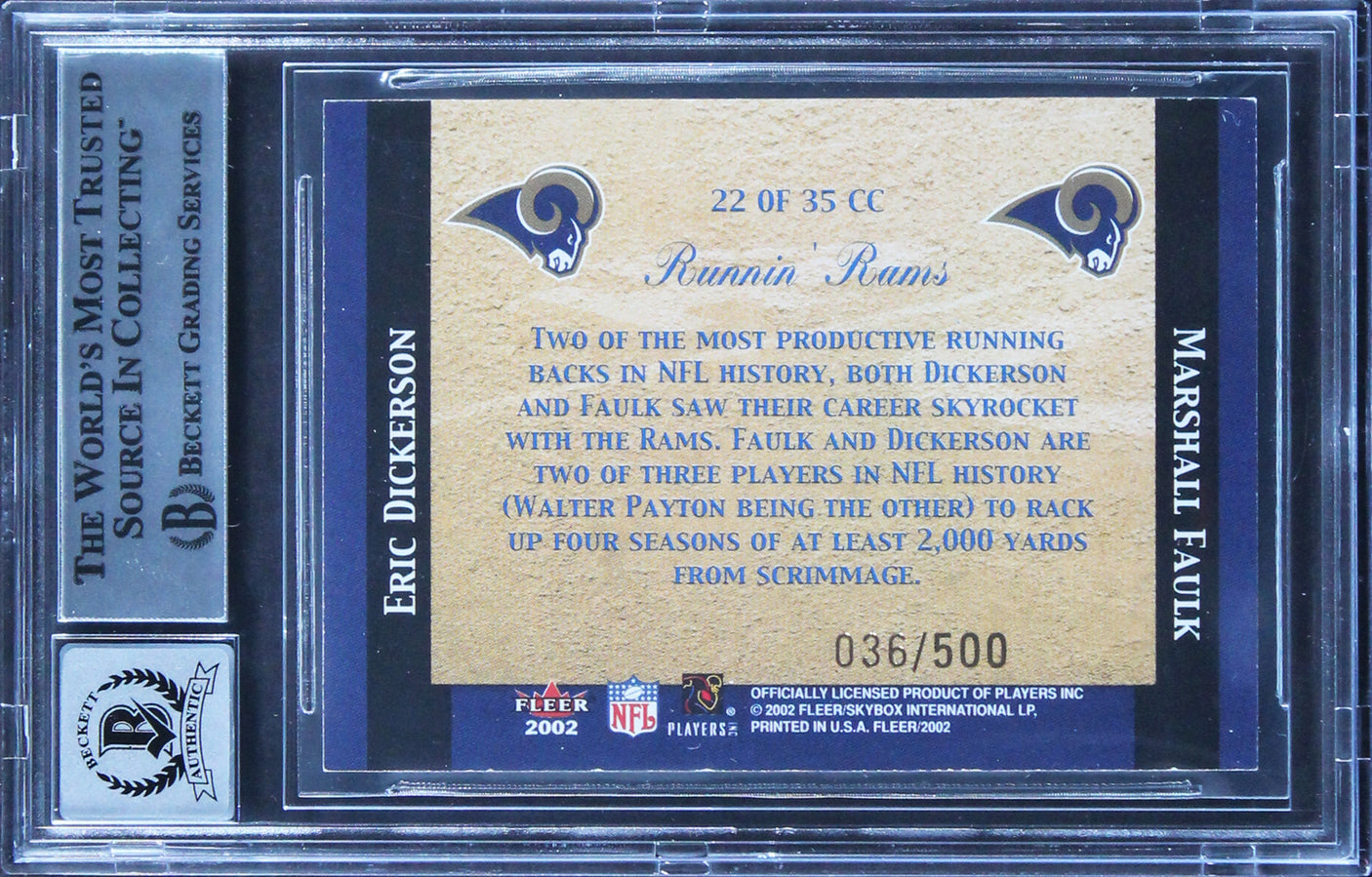 Eric Dickerson & Marshall Faulk Signed 2002 Fleer Trad #22 Card Auto 10 BAS Slab