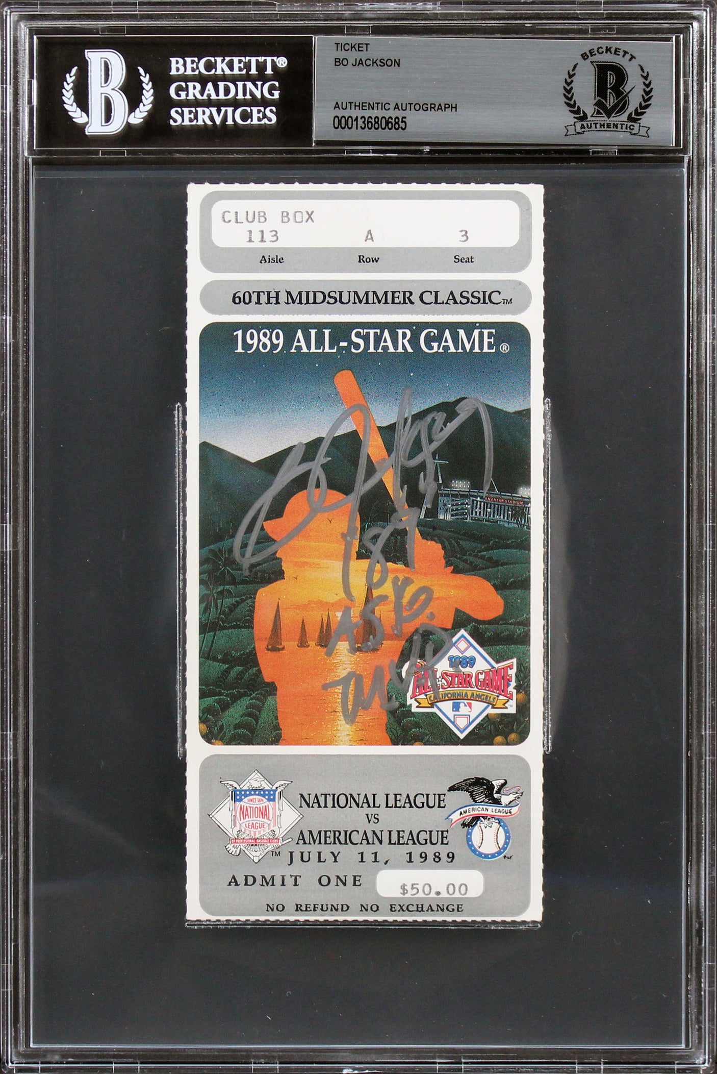 Royals Bo Jackson "89 ASG MVP" Signed 1989 All Star Game Ticket Stub BAS Slab 1