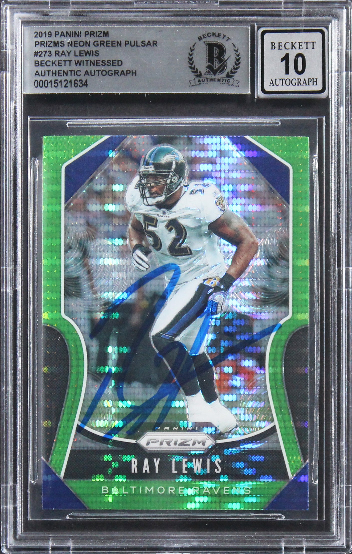 Ray Lewis Signed 2019 Panini Prizm Neon Green Pulsar #273 Card Auto 10 BAS Slab