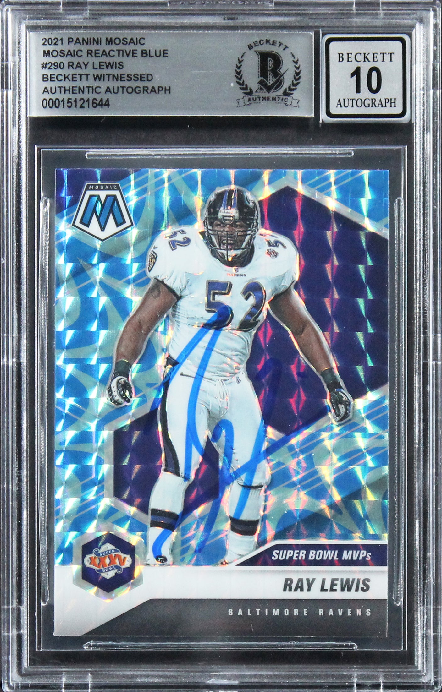 Ray Lewis Signed 2021 Panini Mosaic Reactive Blue #290 Card Auto 10! BAS Slab