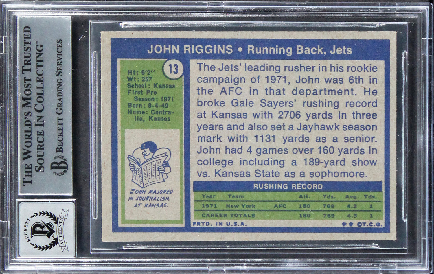 Jets John Riggins Signed 1972 Topps #13 Rookie Card Auto 10! BAS Slabbed