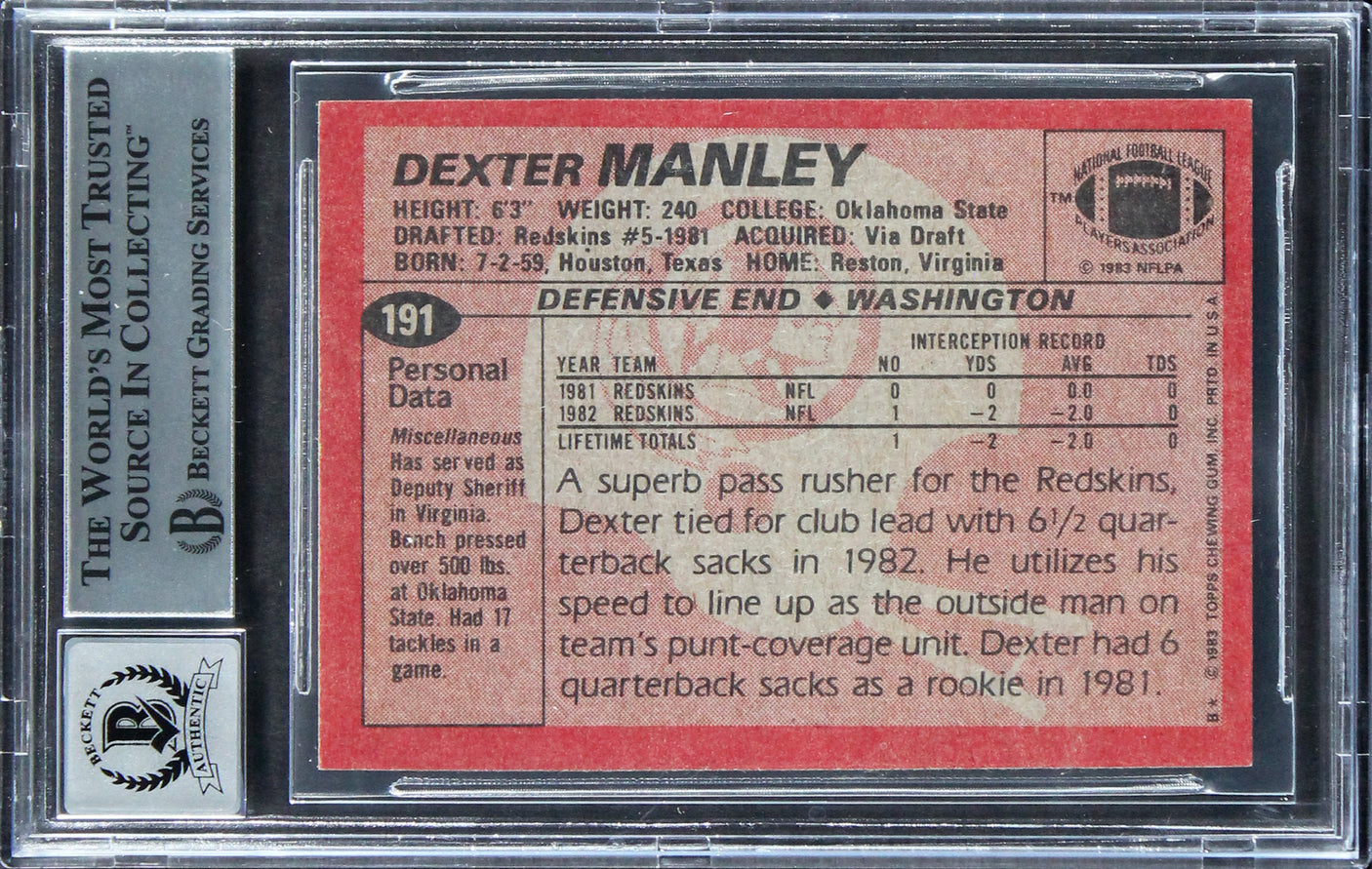 WFT Dexter Manley Signed 1983 Topps #191 Rookie Card Auto 10! BAS Slabbed