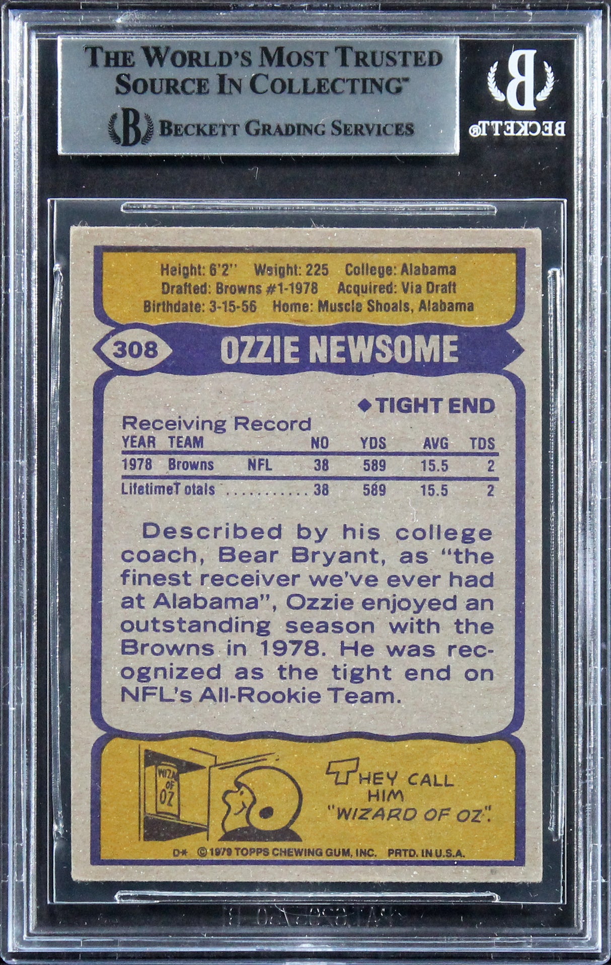 Browns Ozzie Newsome Authentic Signed 1979 Topps #308 Card BAS Slabbed