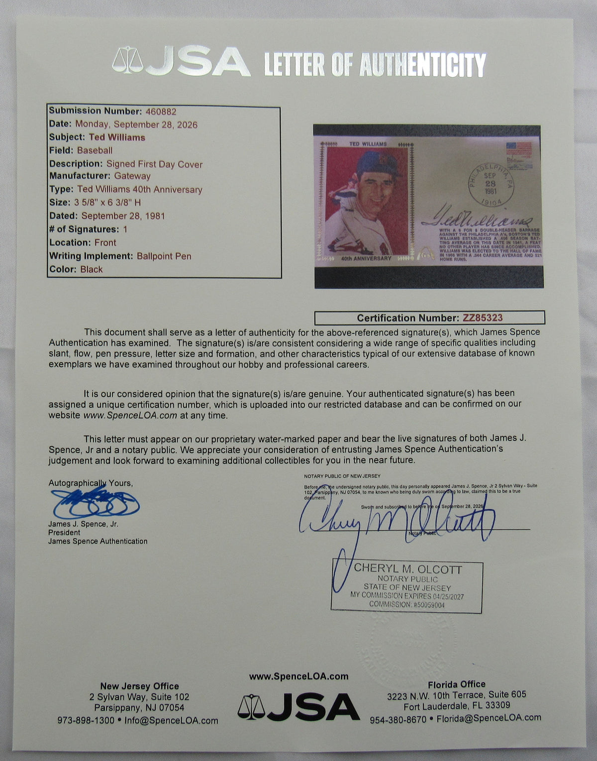 Ted Williams Signed Envelope JSA LOA ZZ85323