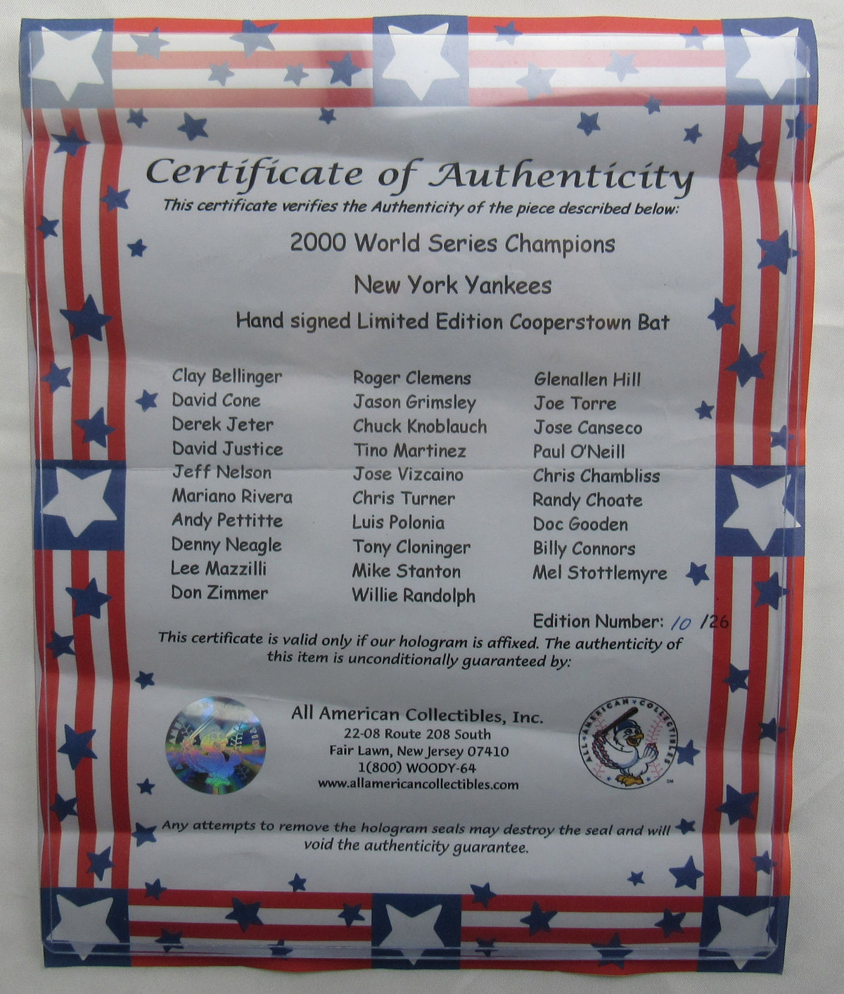 2000 World Series Champion Derek Jeter New York Yankees Signed Rawlings Baseball Bat JSA LOA ZZ85325