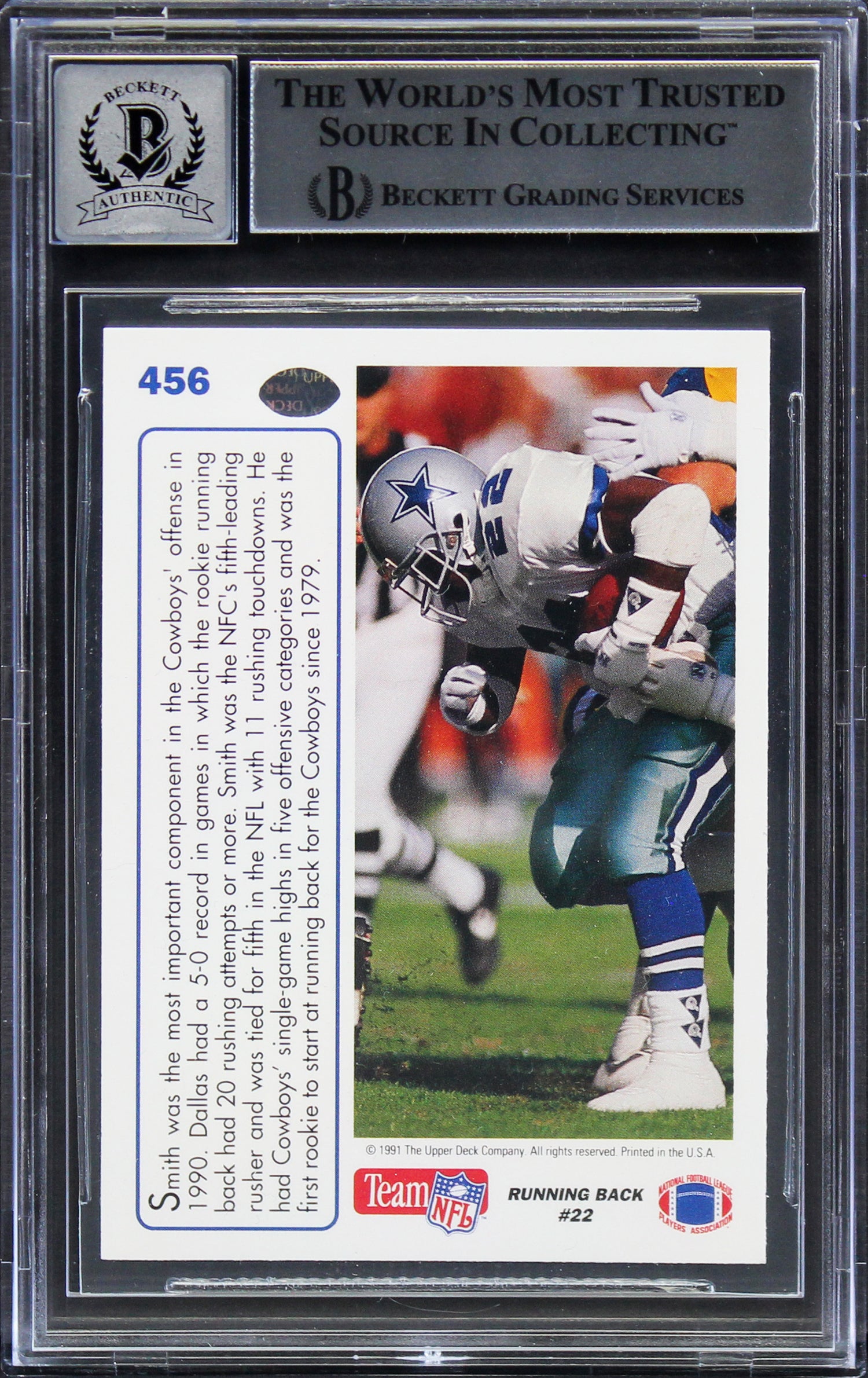 Cowboys Emmitt Smith Signed 1991 Upper Deck #456 Card Auto 10! BAS Slabbed