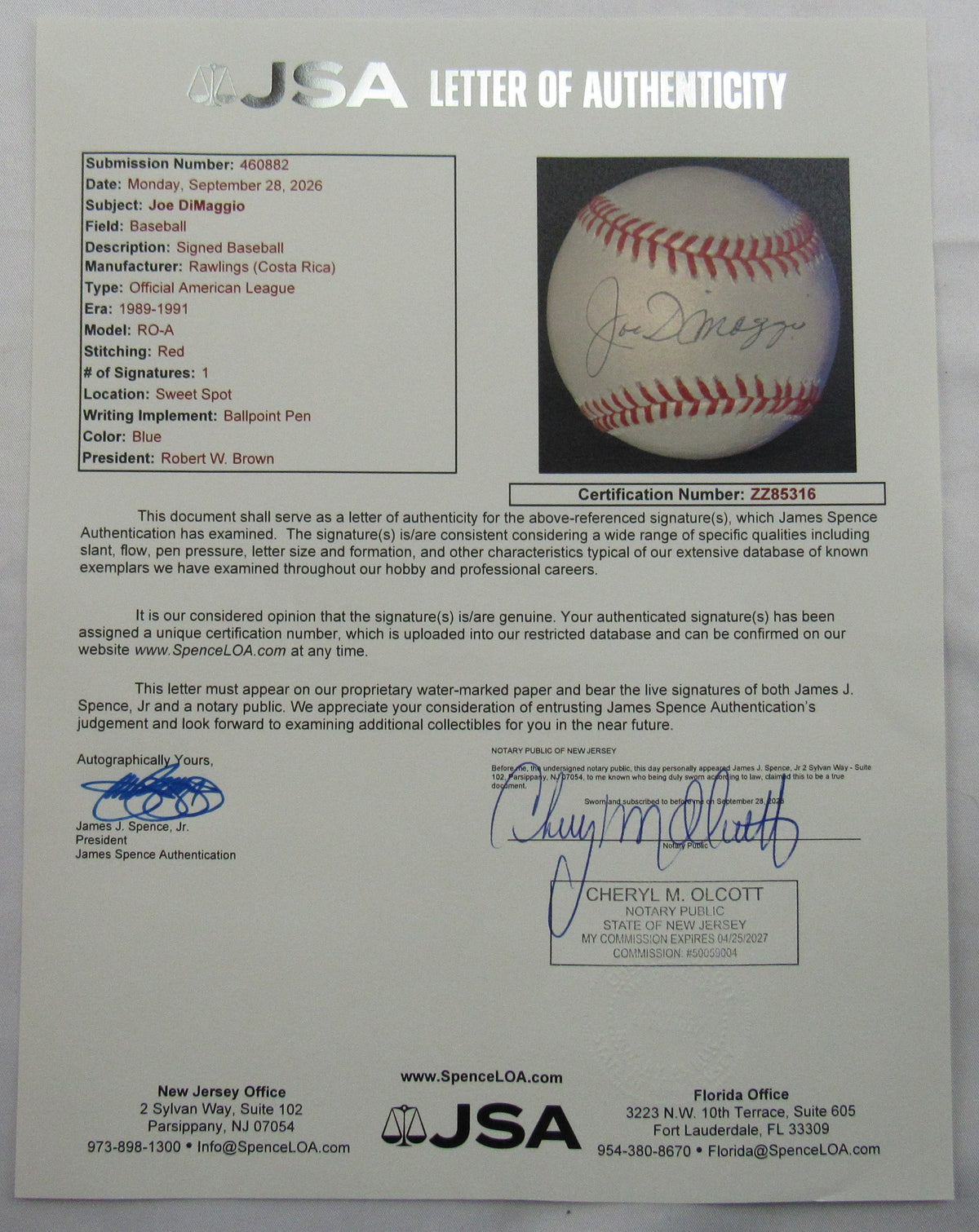 Joe DiMaggio Signed Rawlings Baseball JSA LOA ZZ85316