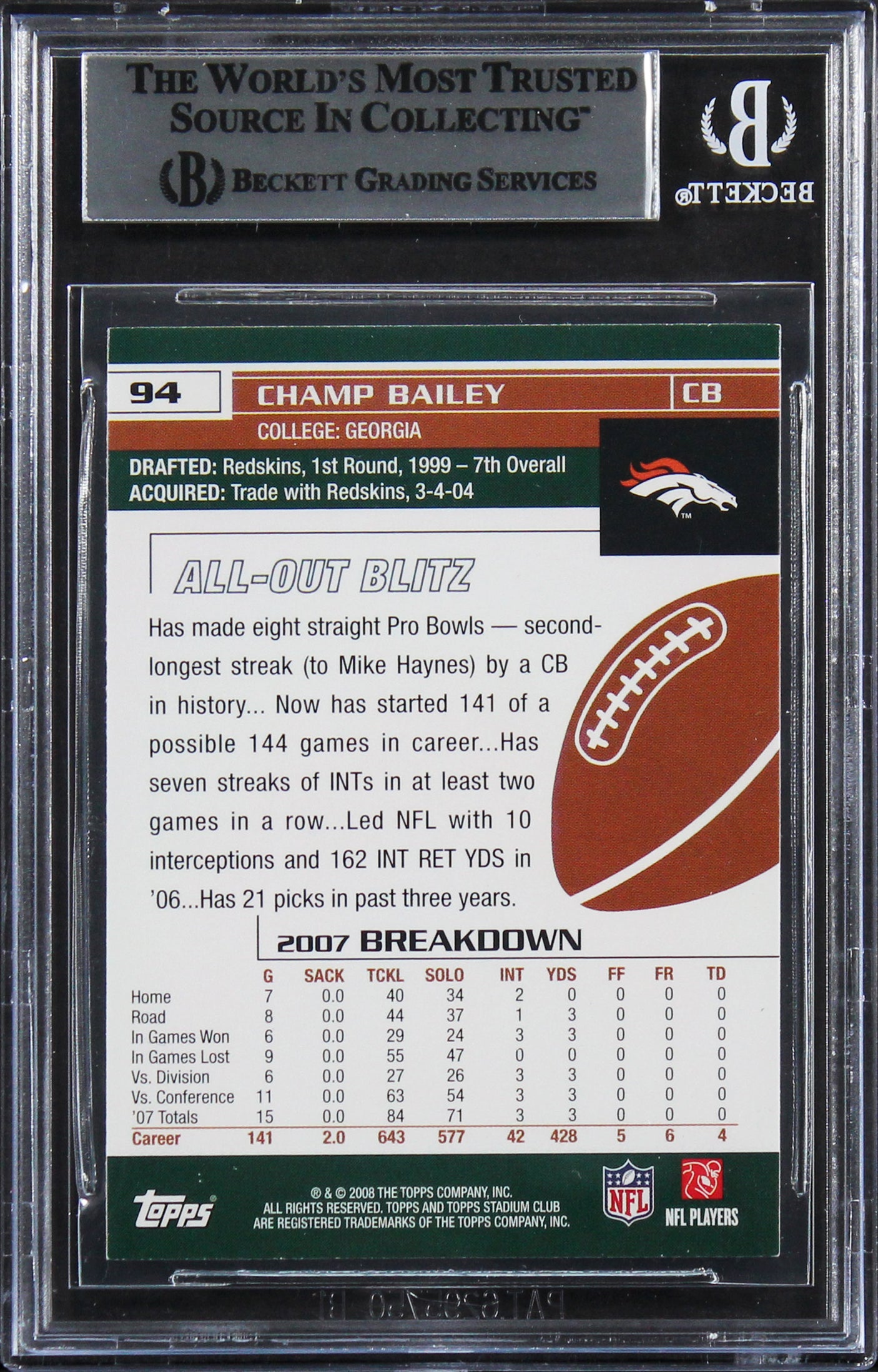 Broncos Champ Bailey Authentic Signed 2008 Stadium Club #94 Card BAS Slabbed