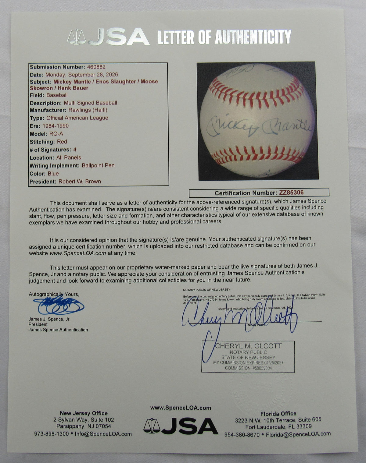 Mickey Mantle Enos Slaughter Moose Skowron Hank Bauer Signed Rawlings Baseball JSA LOA ZZ85306