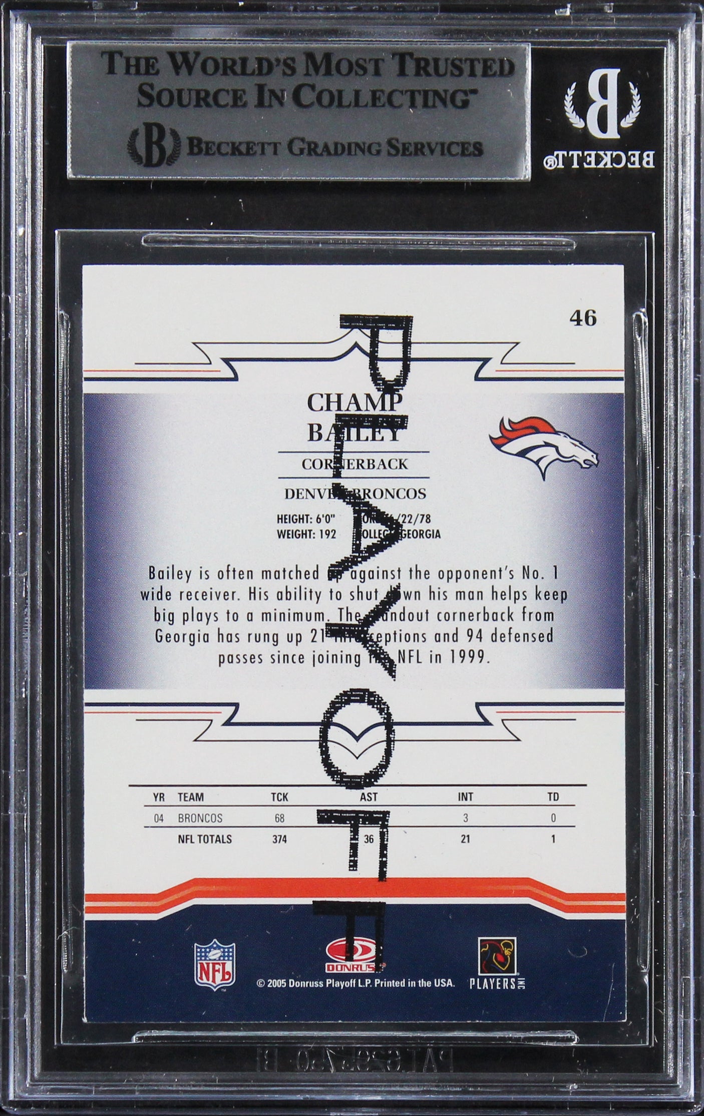 Broncos Champ Bailey Signed 2005 TB Threads Playoff Sample #46 Card BAS Slabbed