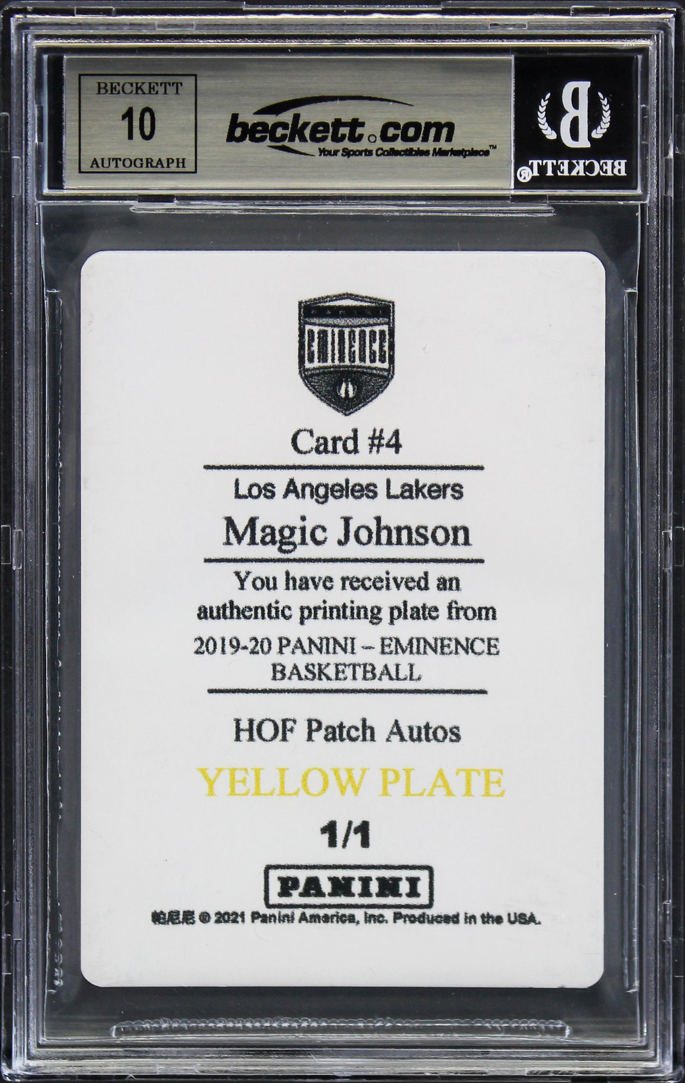 Magic Johnson Signed 2019 Panini Eminence Plates #4 Card Auto 10! BAS Slabbed