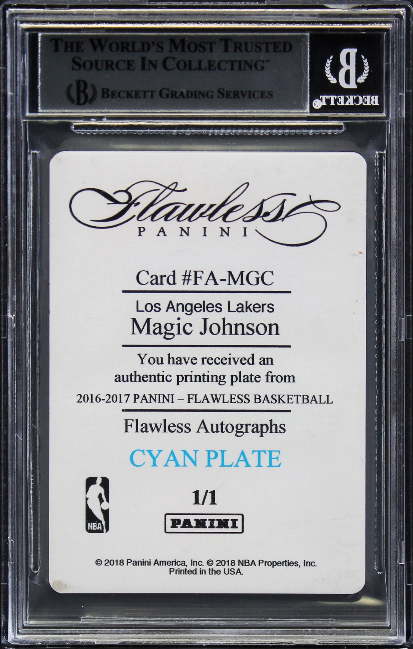 Magic Johnson Signed 2016 Panini Flawless Plates #54 Card Auto 10! BAS Slabbed