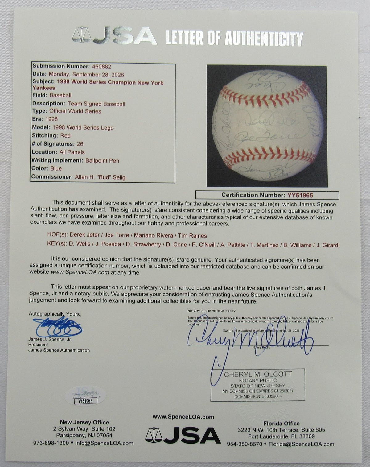 1998 World Series Yankees Signed Auto Rawlings Baseball Derek Jeter Joe Torre Mariano Rivera Tim Raines +22 JSA LOA YY51965