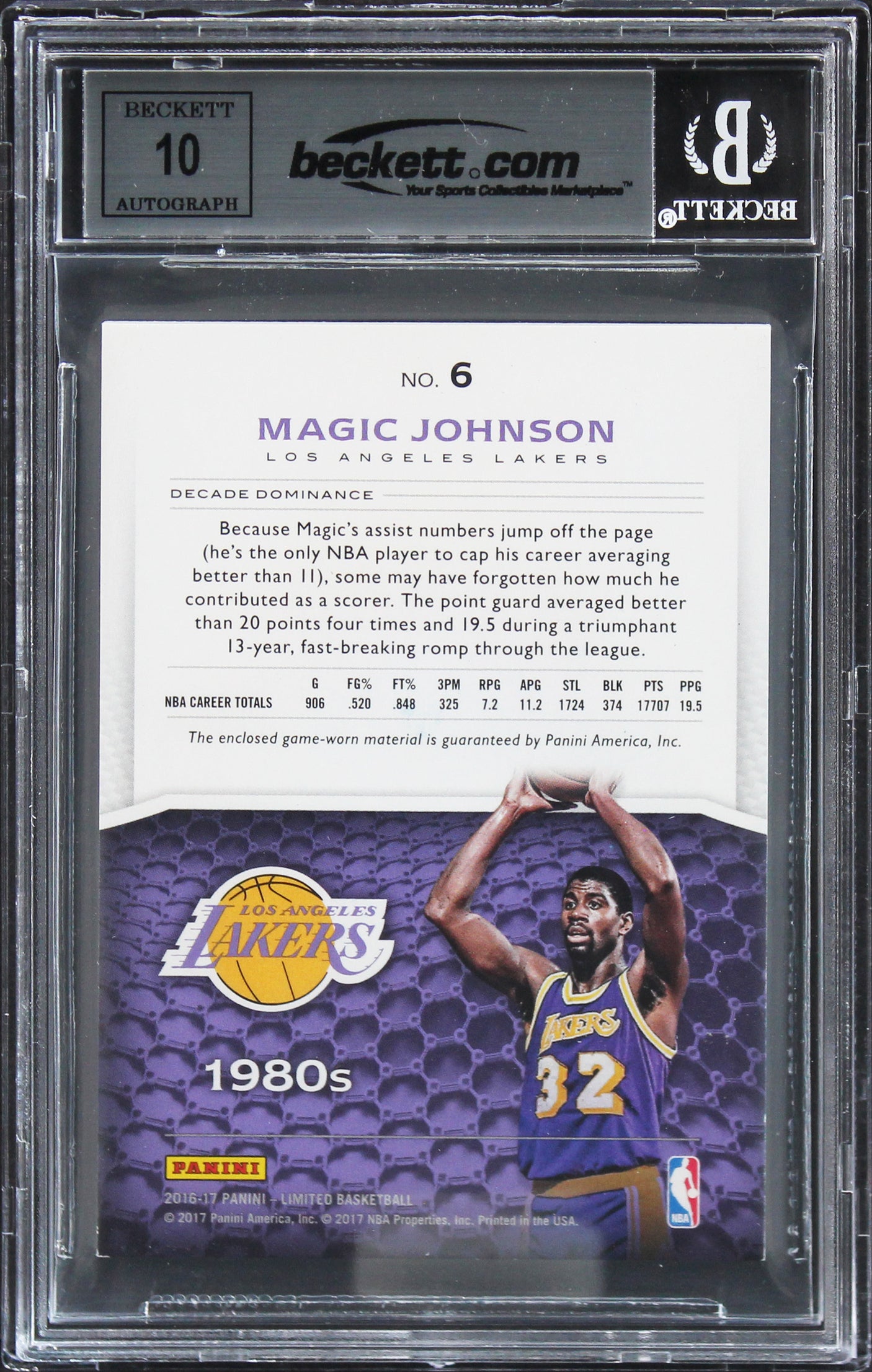 Magic Johnson Signed 2016 Limited Decade Dom #6 #1/10 Card Auto 10! BAS Slabbed