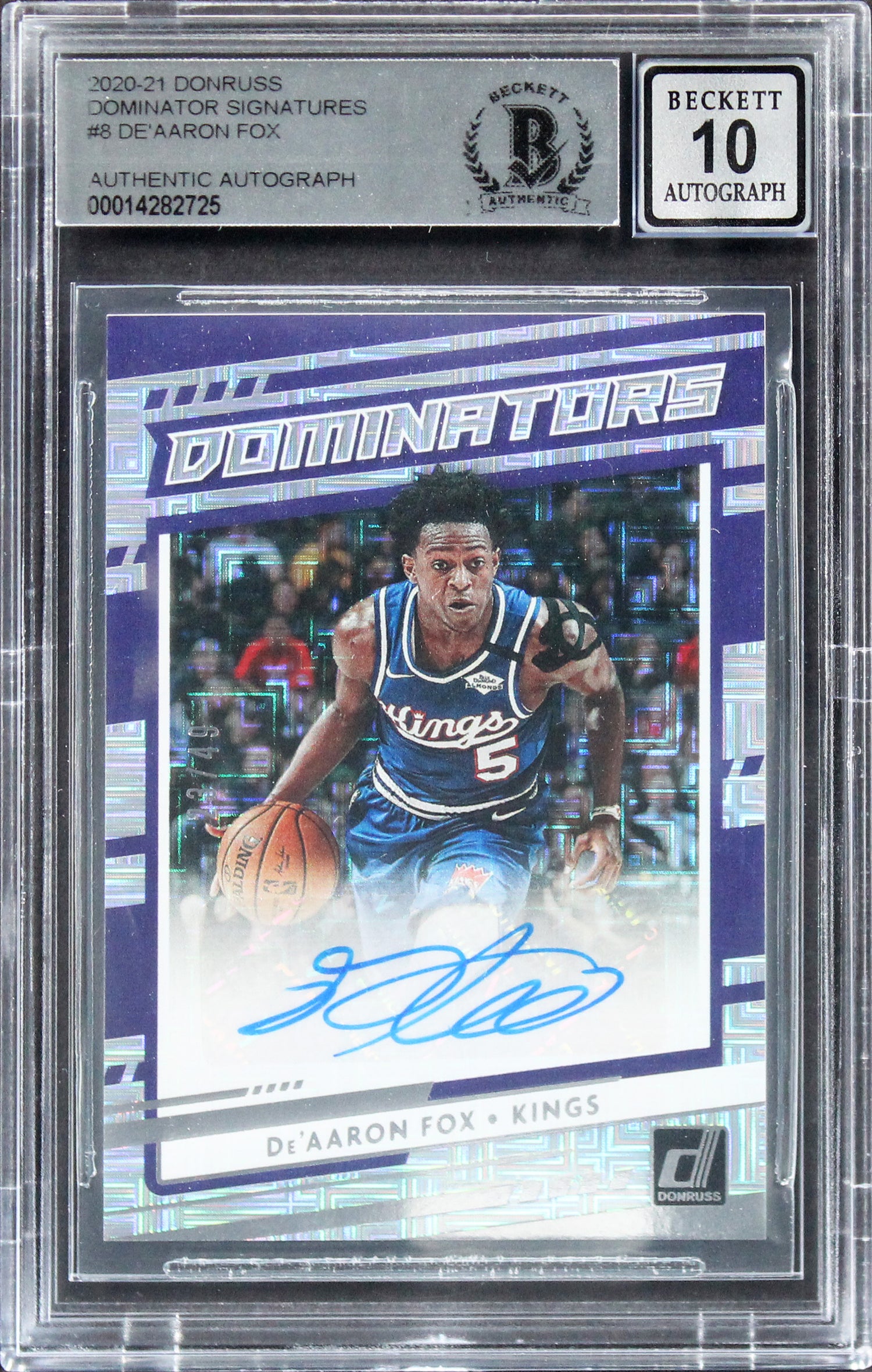 De'Aaron Fox Signed 2020 Donruss Dominator Signatures #8 Card Auto 10! BAS Slab