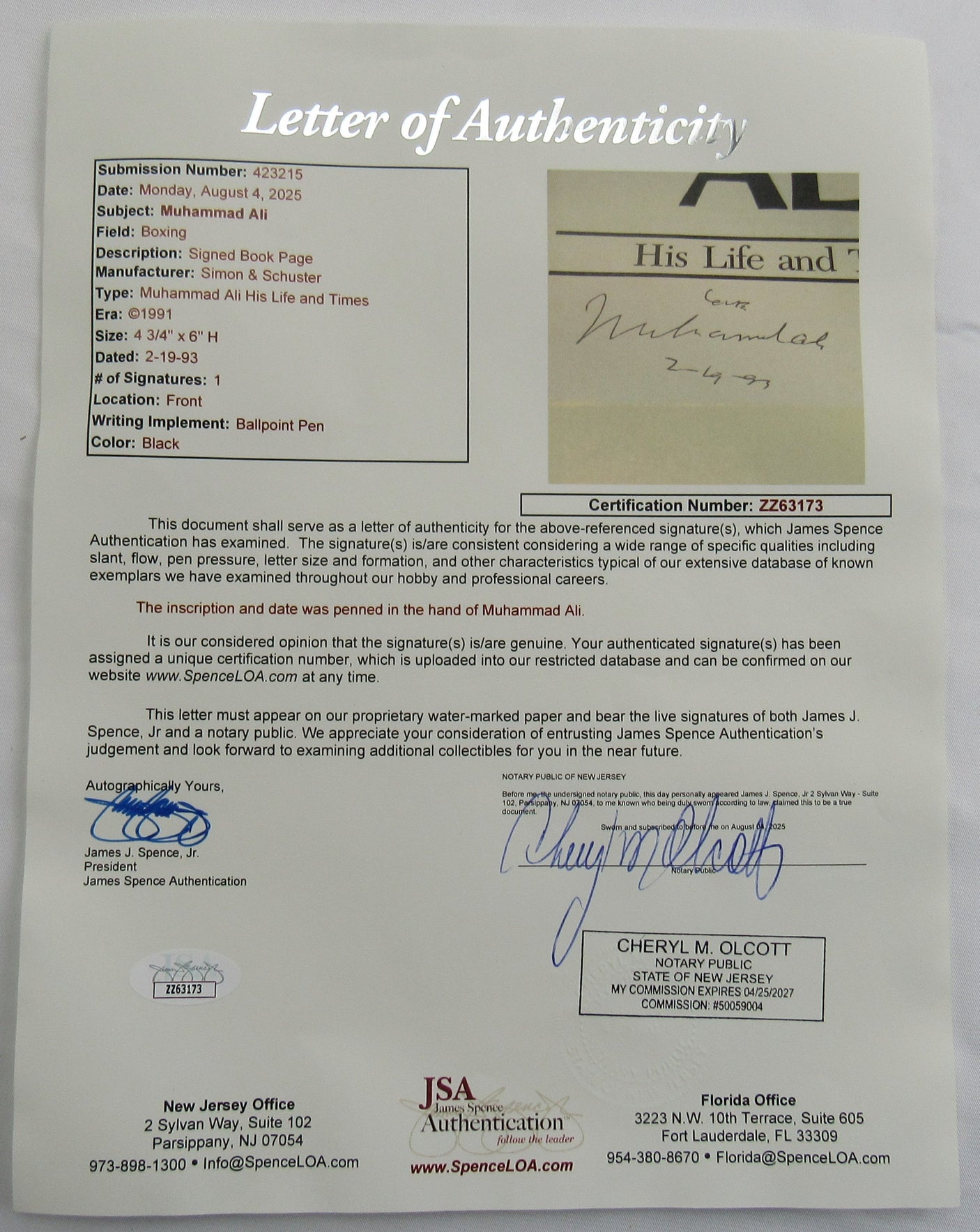 Muhammad Ali Signed Cut JSA LOA ZZ63173