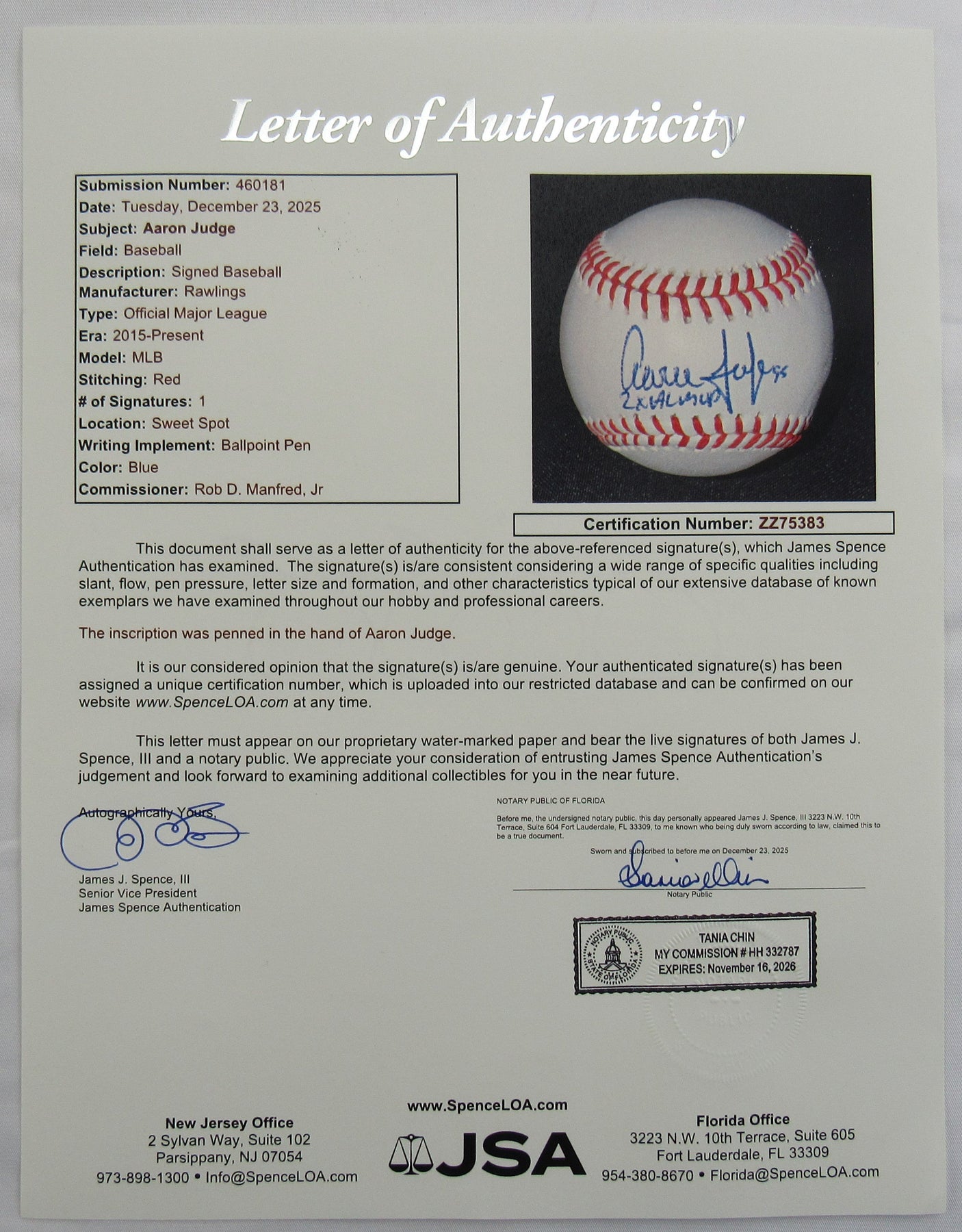 Aaron Judge Signed Auto Rawlings Baseball w/ Insc JSA LOA ZZ75383