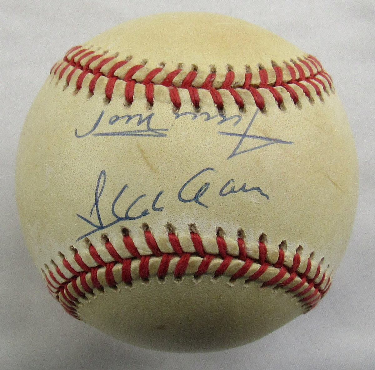 Hank Aaron Willie Mays Signed Auto Rawlings Baseball PSA AQ02031