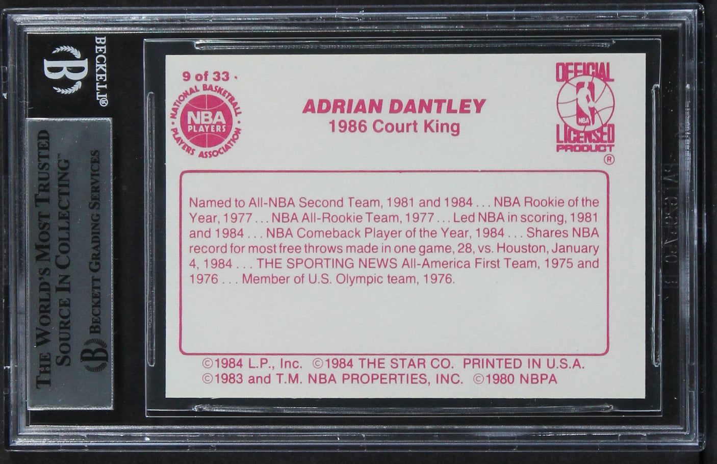 Jazz Adrian Dantley "2x Insc" Signed 1986 Star Court Kings #9 Card BAS Slabbed