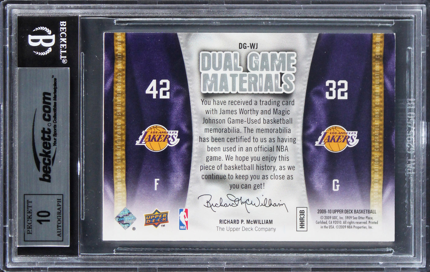 Magic Johnson & James Worthy Signed 2009 UD Game Mat DGWJ Card Auto 10 BAS Slab