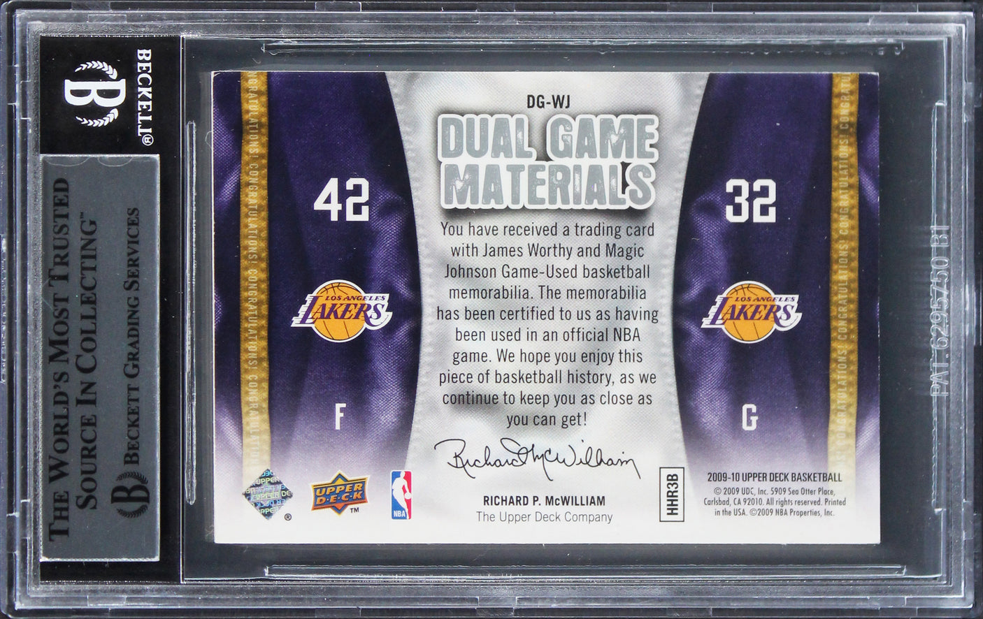 Magic Johnson & James Worthy Signed 2009 UD Game Mat #DGWJ Card BAS Slabbed