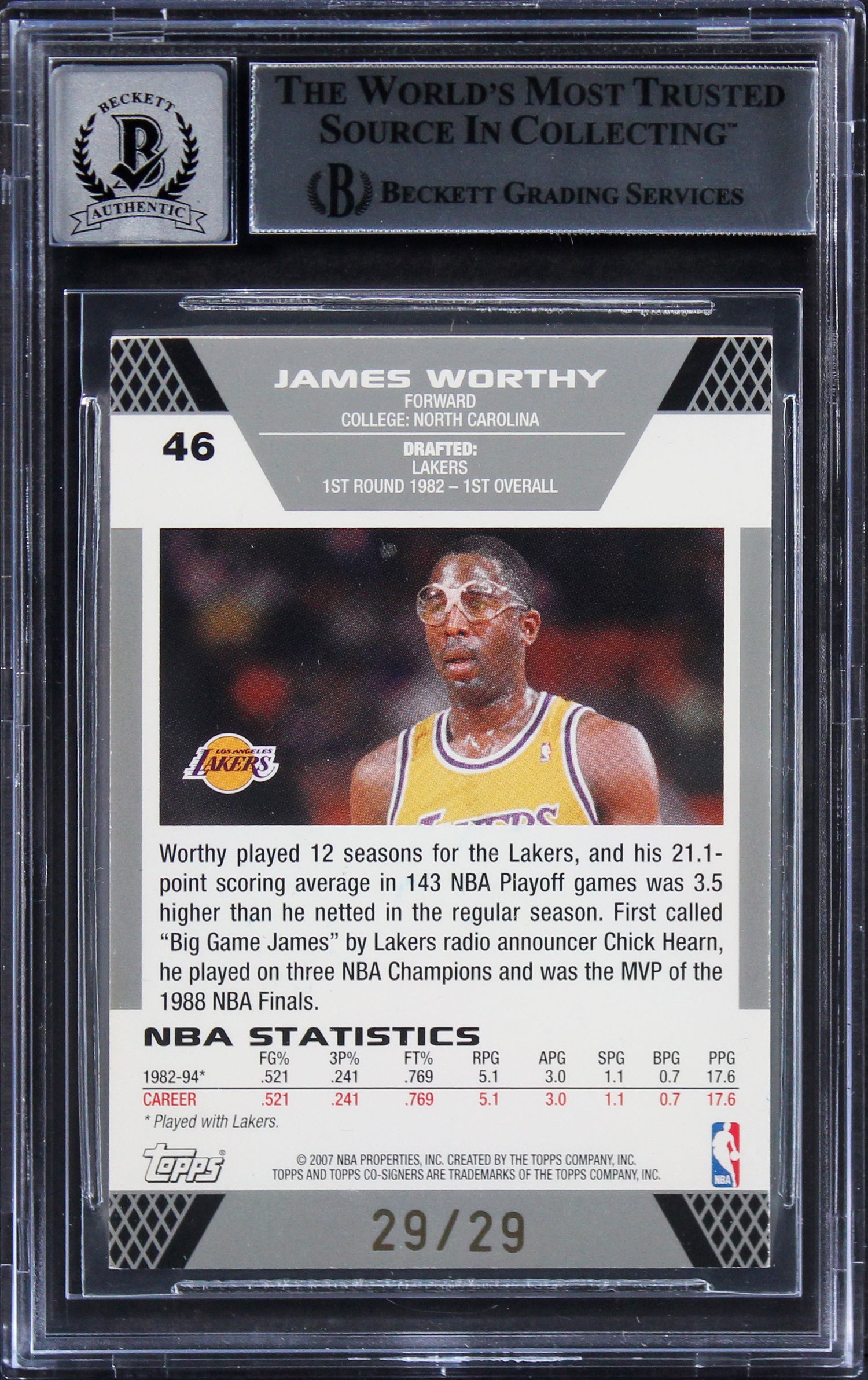Magic Johnson & James Worthy Signed 2007 Topps Silver #46A Card Auto 10 BAS Slab
