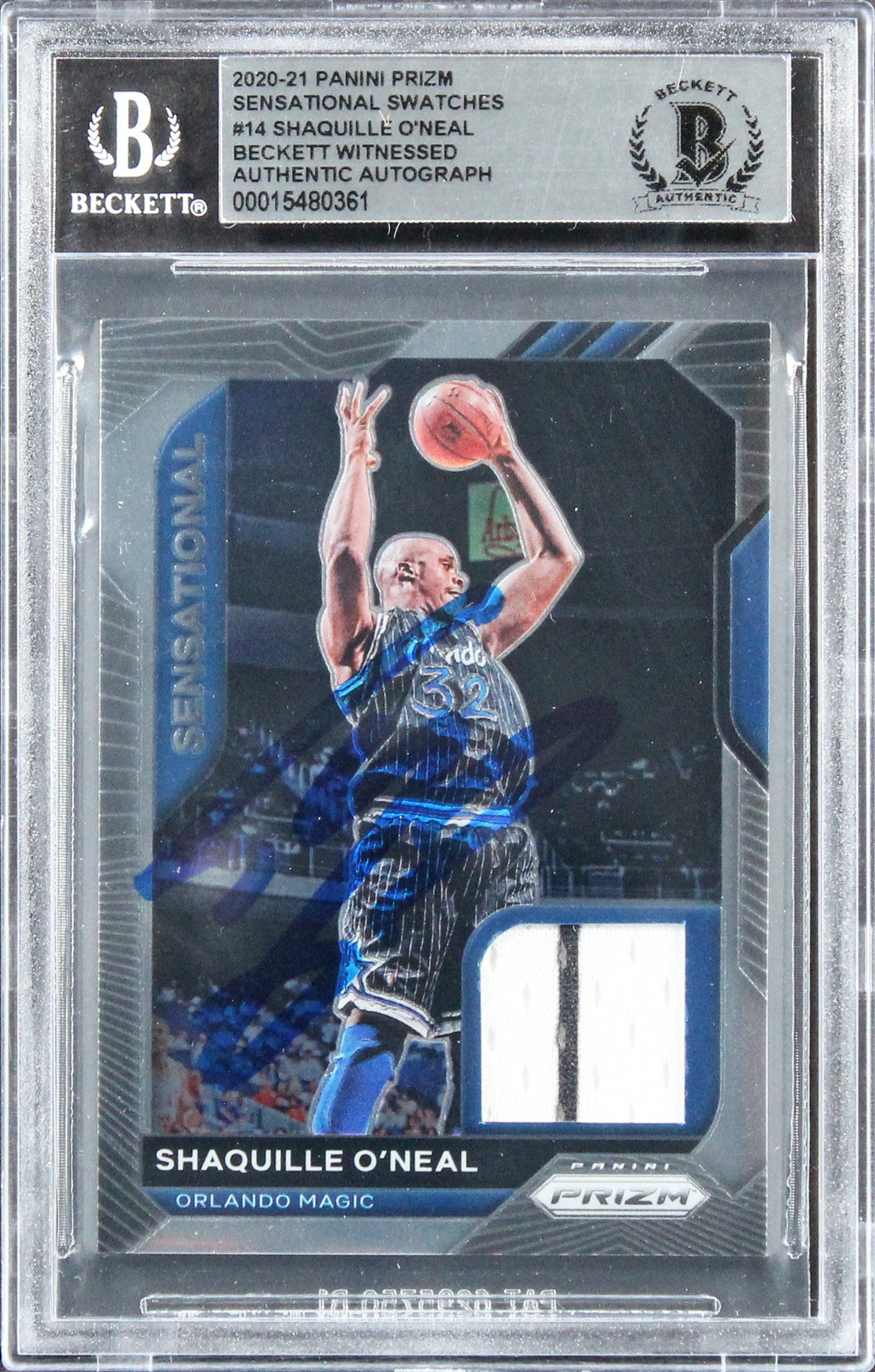 Magic Shaquille O'Neal Signed 2020 Panini Prizm Swatches #14 Card BAS Slabbed 1
