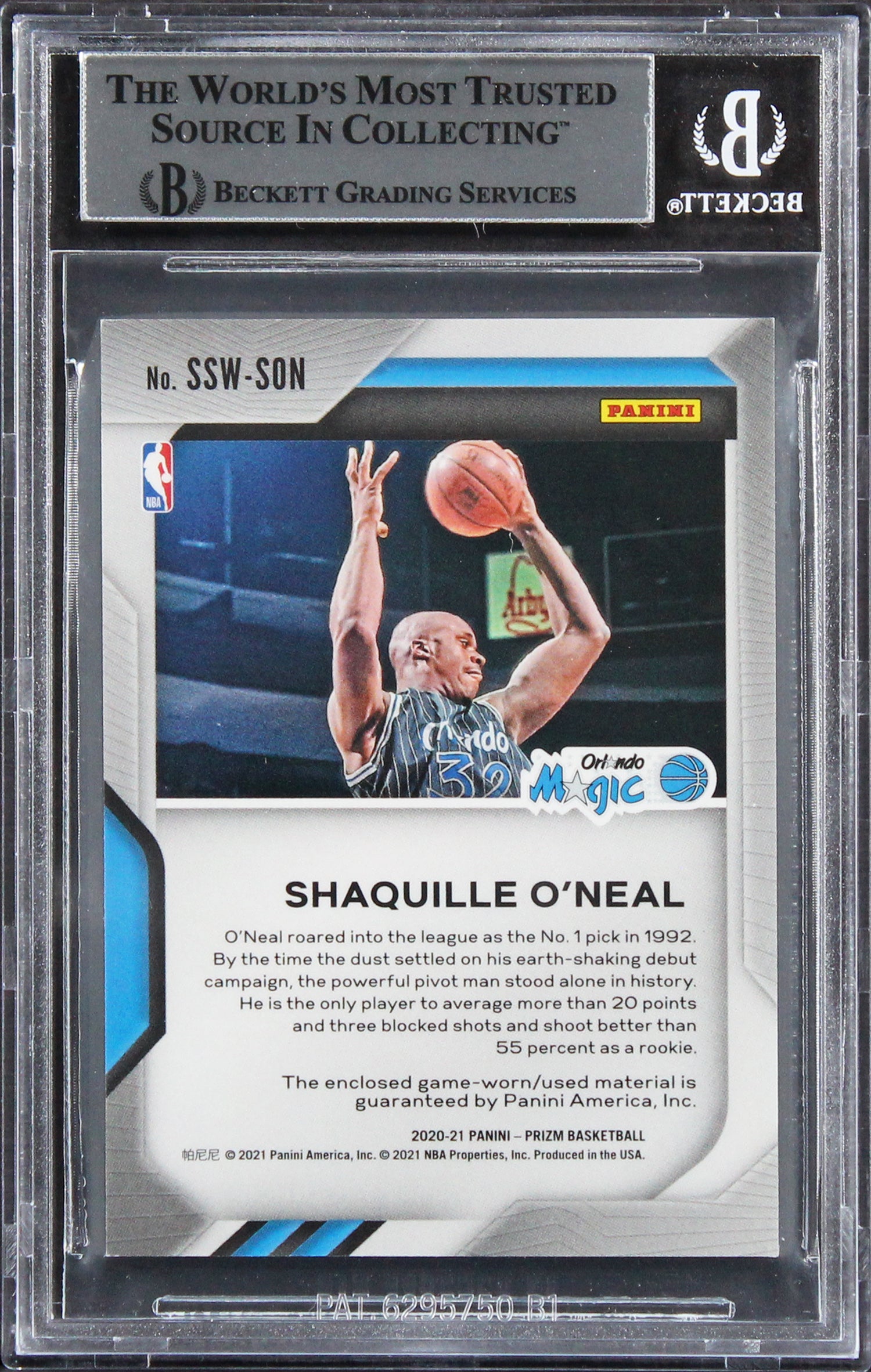 Magic Shaquille O'Neal Signed 2020 Panini Prizm Swatches #14 Card BAS Slabbed 1