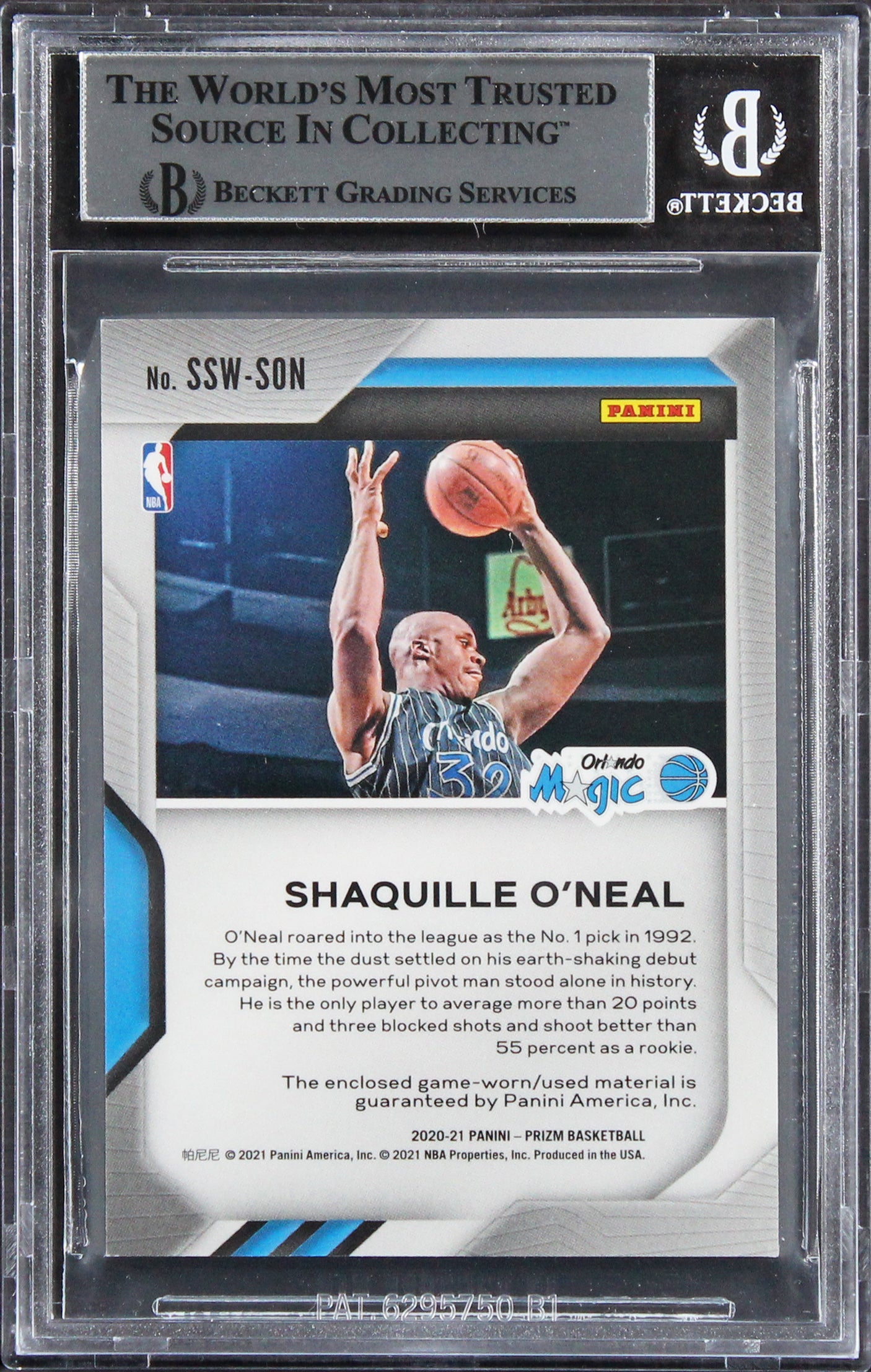 Magic Shaquille O'Neal Signed 2020 Panini Prizm Swatches #14 Card BAS Slabbed 1