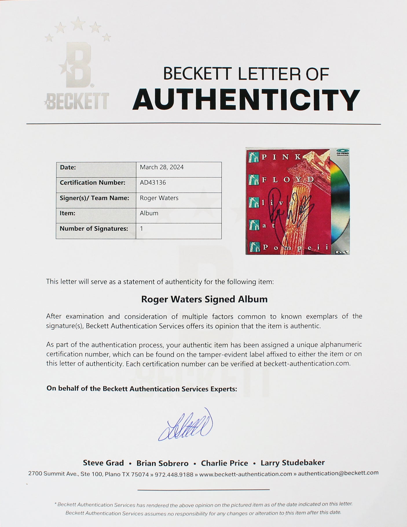 Roger Waters Pink Floyd Signed Live At Pompeii Laserdisc Cover BAS #AD43136