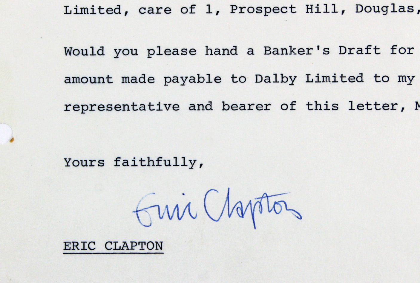 Eric Clapton Authentic Signed 8x9 Letter Dated October 27, 1972 BAS #A57044