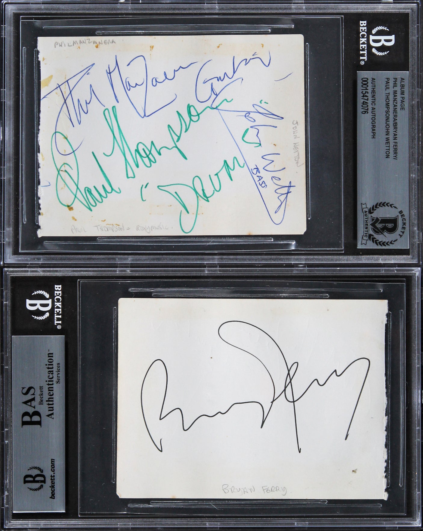 Roxy Music (4) Manzanera, Ferry, Thompson & Wetton Signed 3.35x4.5 Page BAS Slab