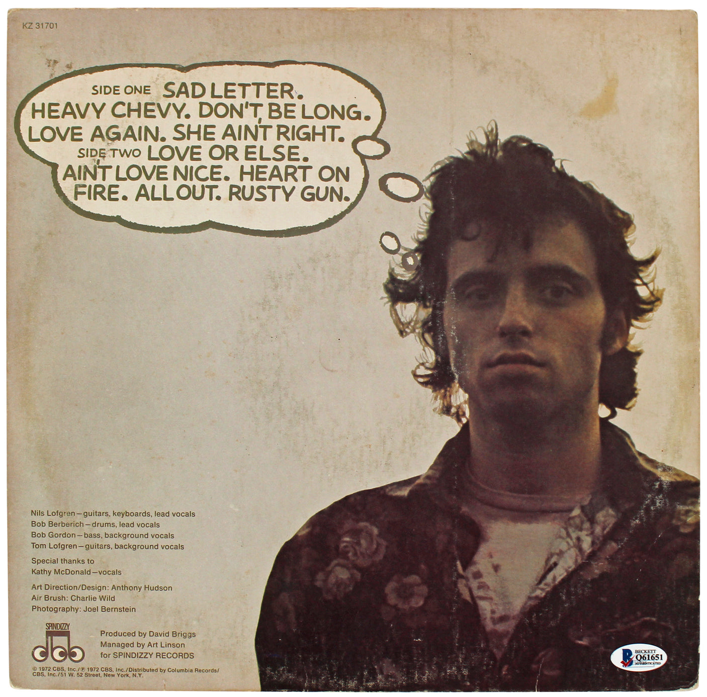 Nils Lofgren Grin Authentic Signed Album Cover W/ Vinyl BAS #Q61651