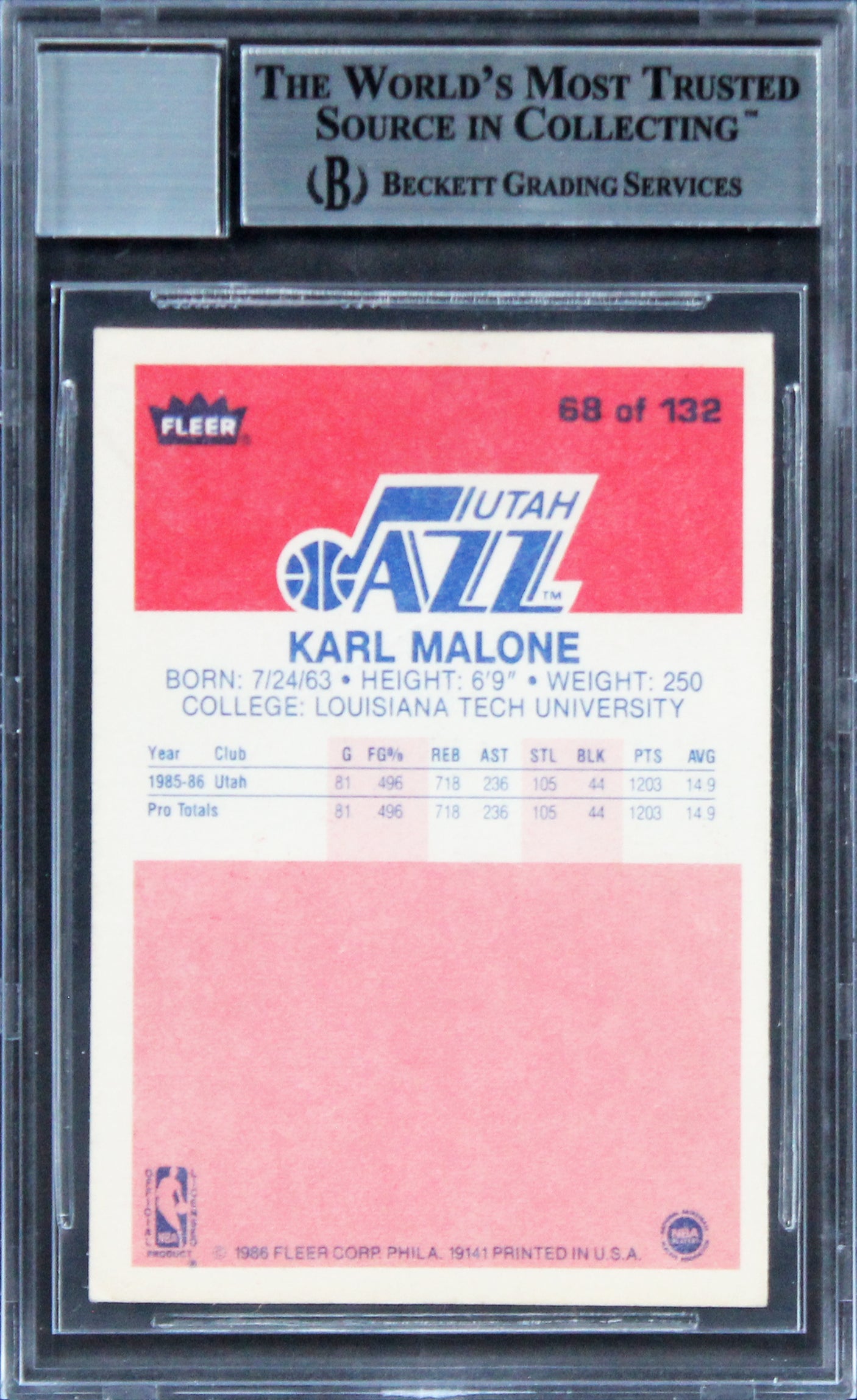 Jazz Karl Malone Signed 1986 Fleer #68 Rookie Card Auto 10! (Creased) BAS Slab