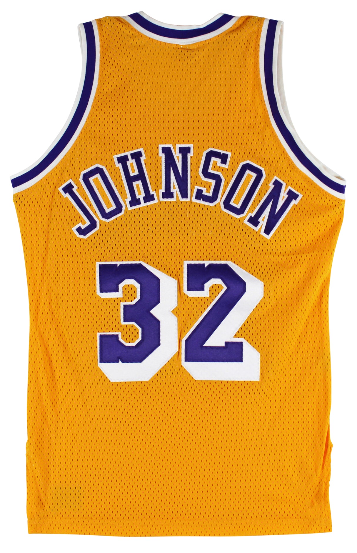 Lakers Magic Johnson "HOF 02" Signed Yellow MacGregor Sand-Knit Jersey BAS Wit 3
