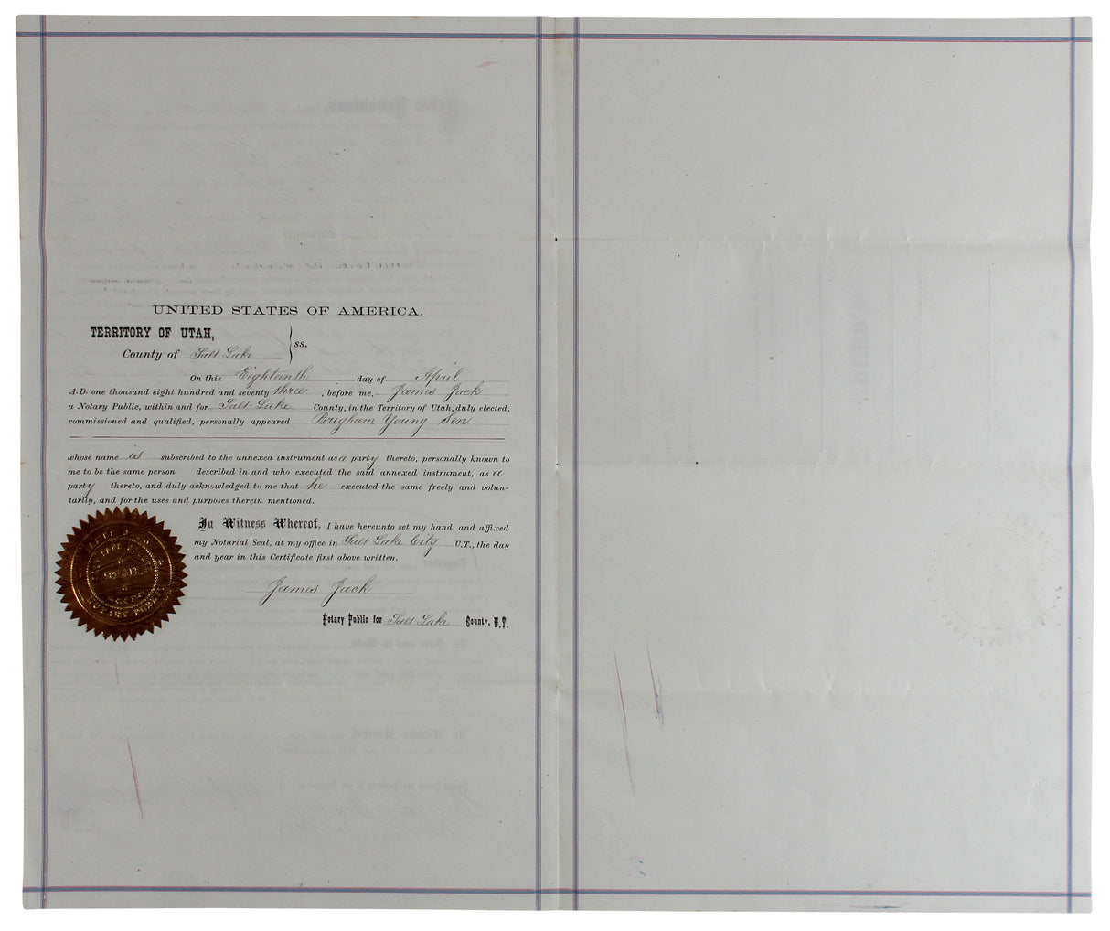 Brigham Young Authentic Signed 7.5x14.5 1873 Land Deed Document BAS #AB77797