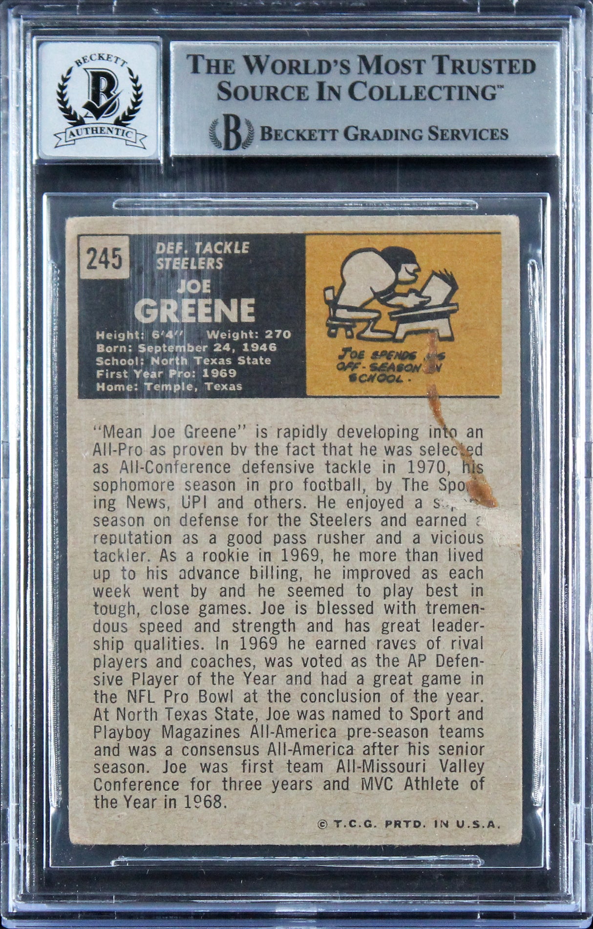Steelers Joe Greene "HOF 87" Signed 1971 Topps #245 RC Auto 10! BAS Slabbed 1