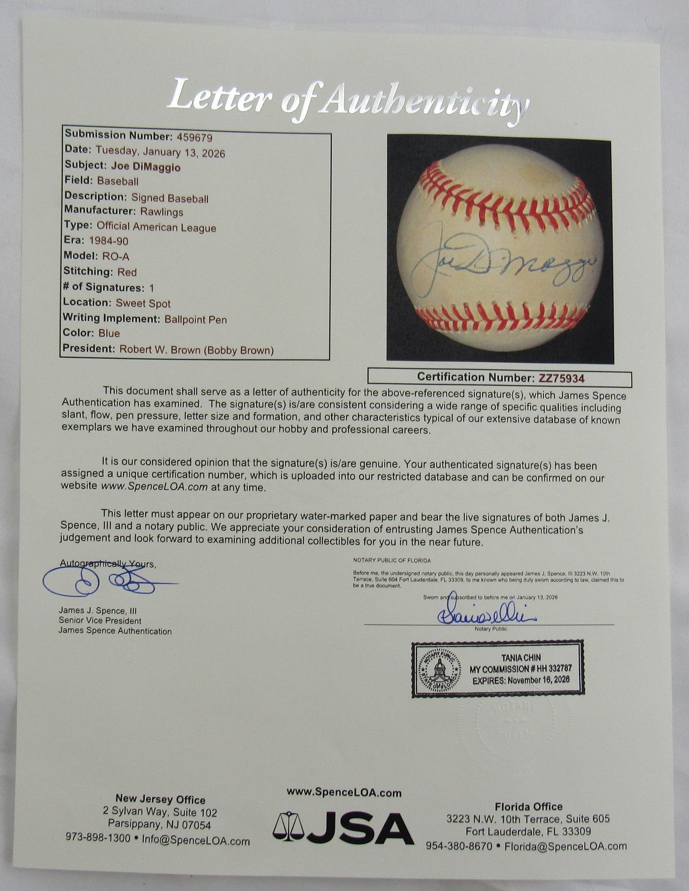 Joe DiMaggio Signed Auto Rawlings Baseball JSA LOA ZZ75934