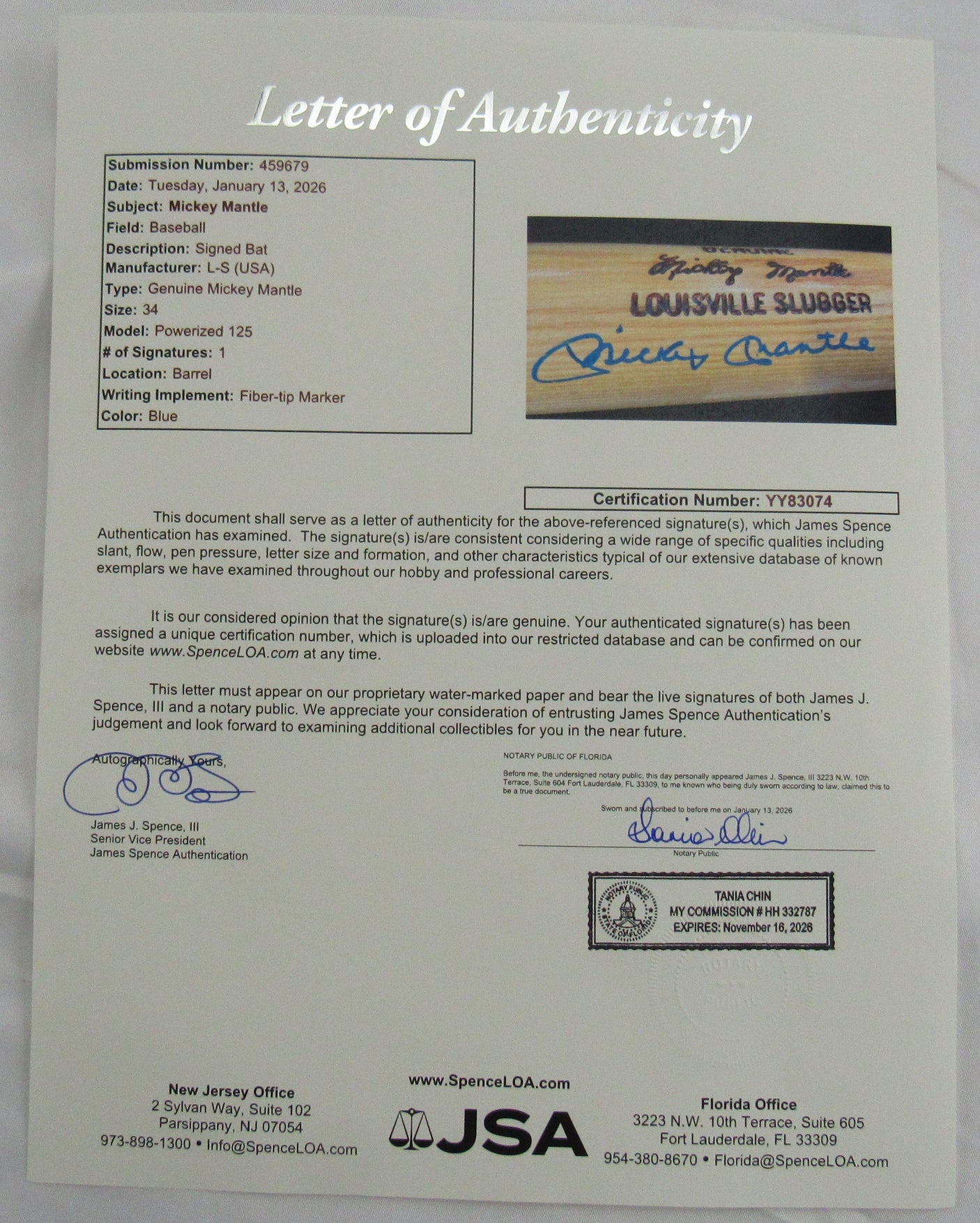 Mickey Mantle Signed Rawlings Auto Baseball Bat JSA YY83074