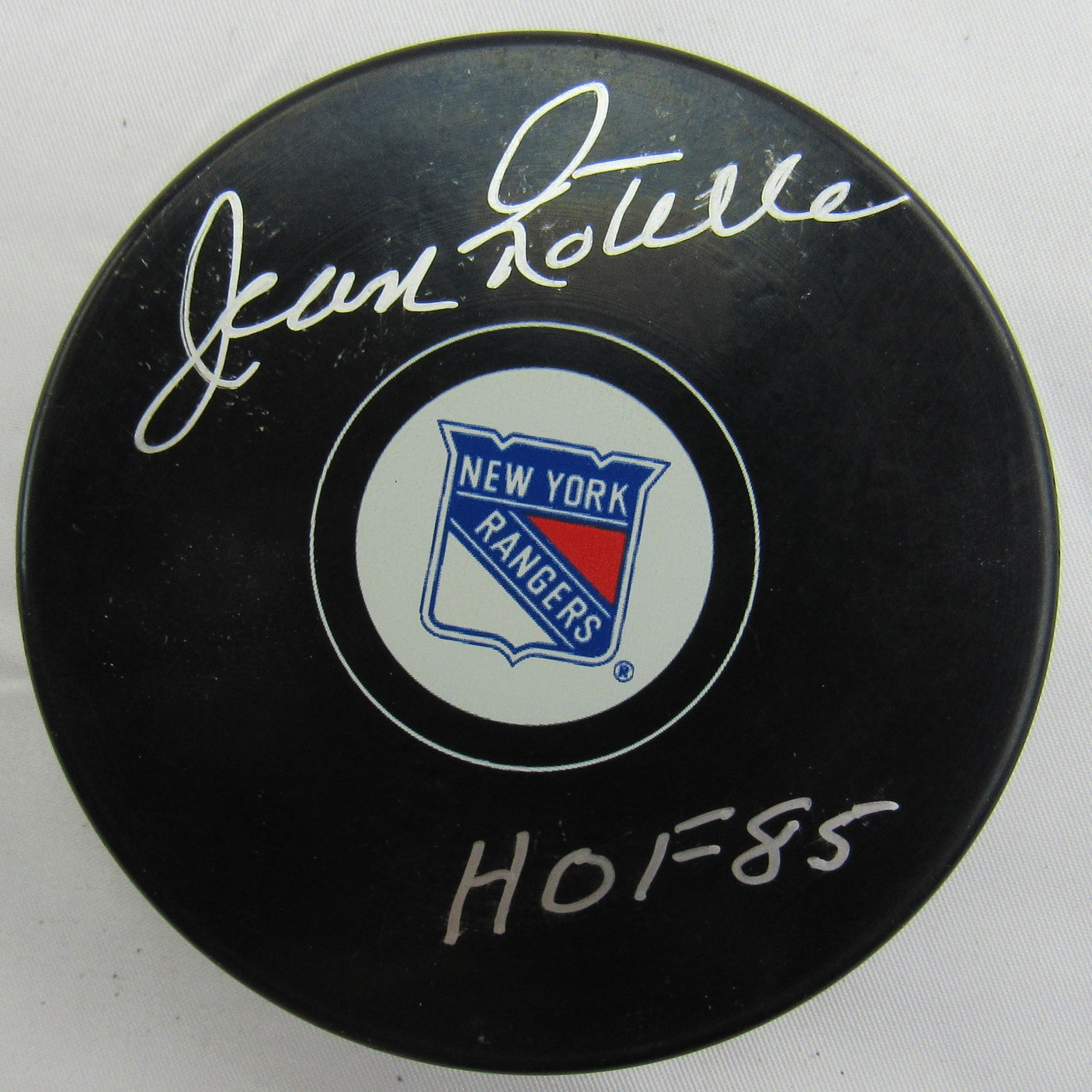 Jean Ratelle Signed Auto Autograph Rangers Logo Hockey Puck w/ Insc JSA WA342185