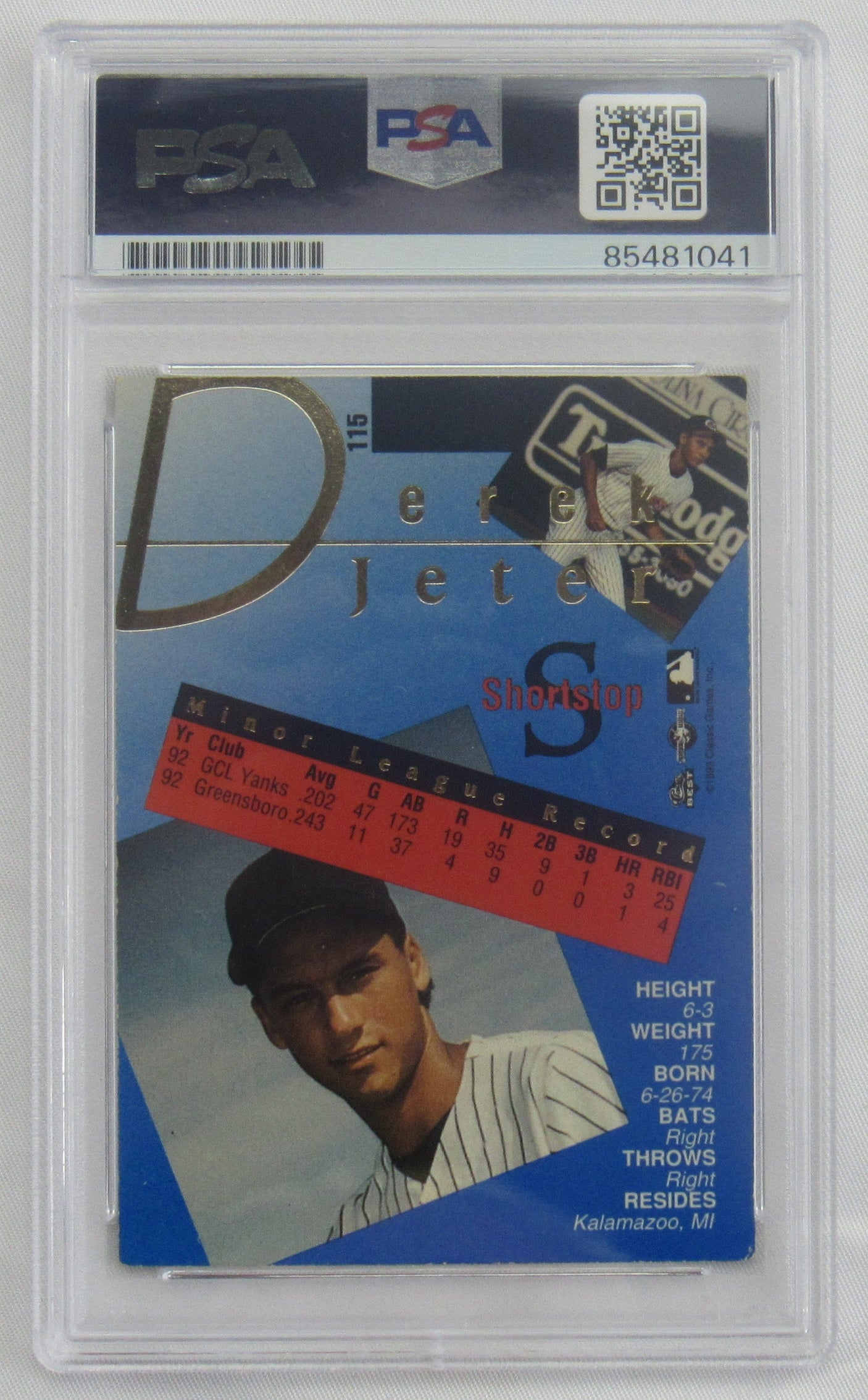 Derek Jeter Signed 1993 Classic Auto Encapsulated Baseball Card PSA/DNA