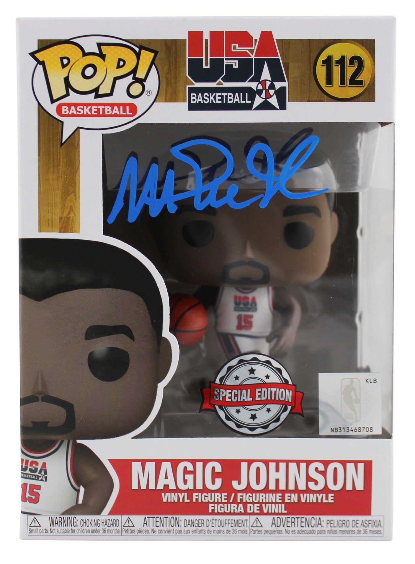 Lakers Magic Johnson Signed USA #112 Funko Pop Vinyl Figure w/ Blue Sig BAS Wit