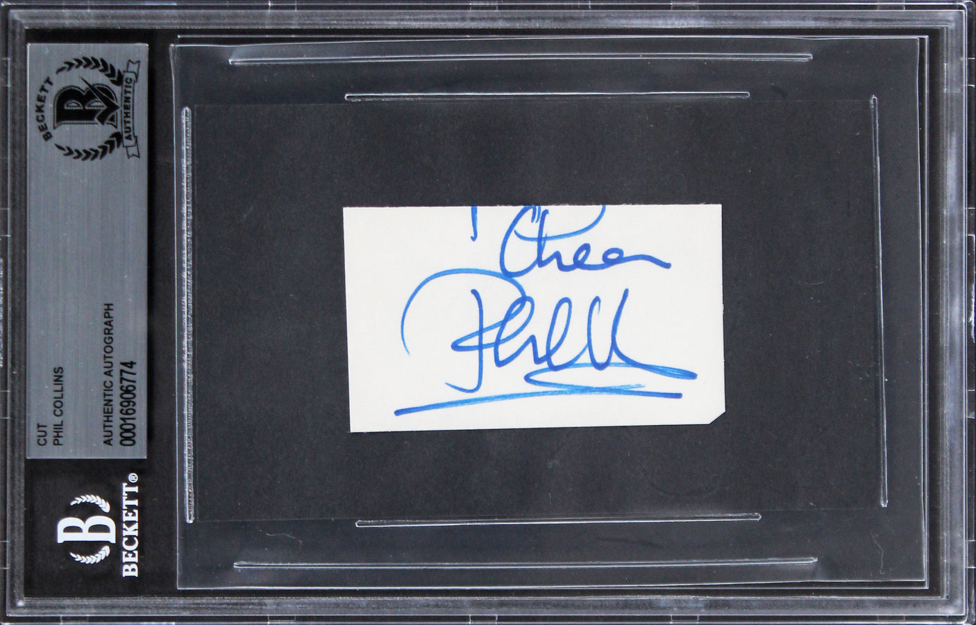 Phil Collins Genesis "Cheers" Signed 1.65x2.75 Cut Signature BAS Slabbed