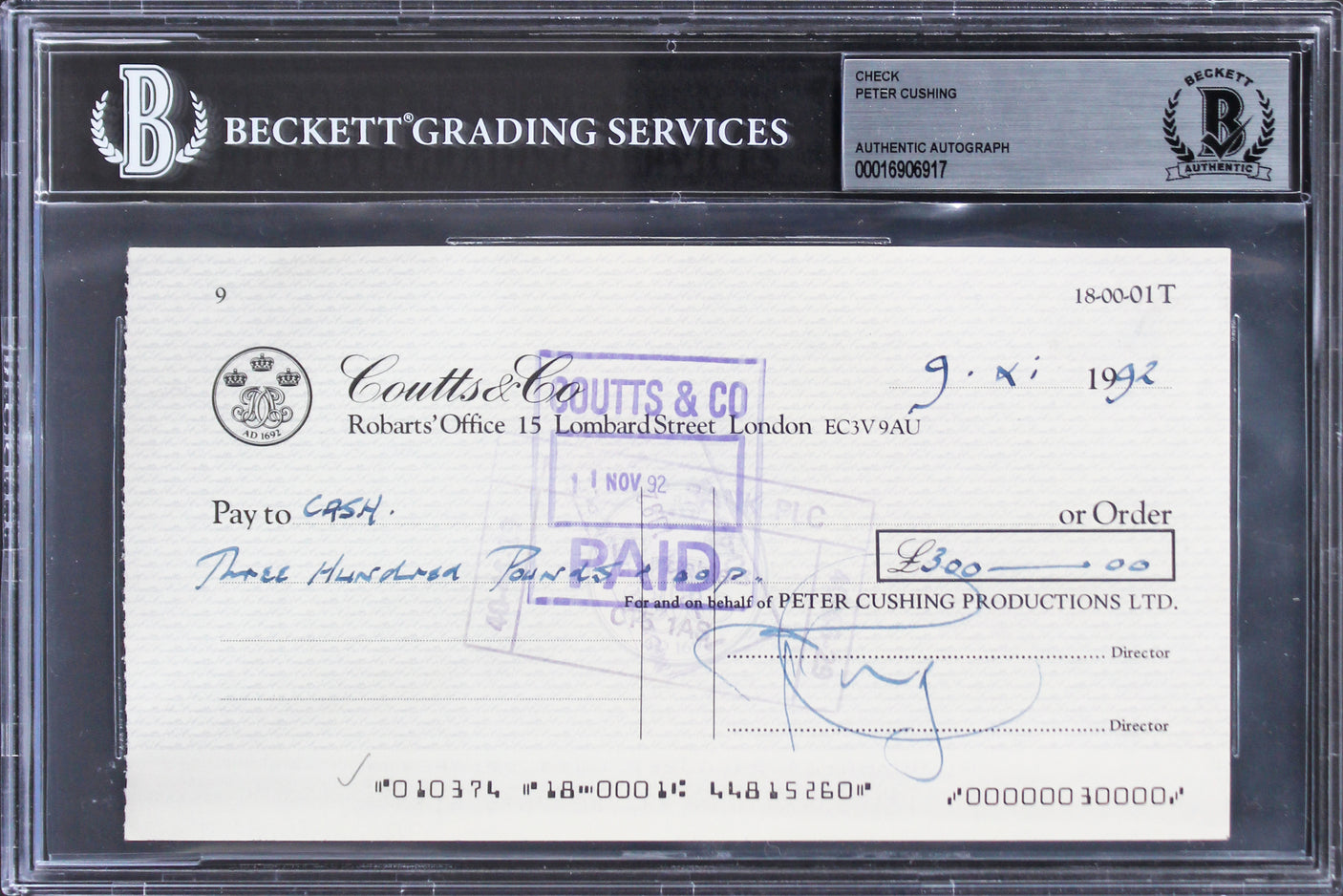 Peter Cushing Star Wars Signed 1992 Peter Cushing Productions Ltd Check BAS Slab