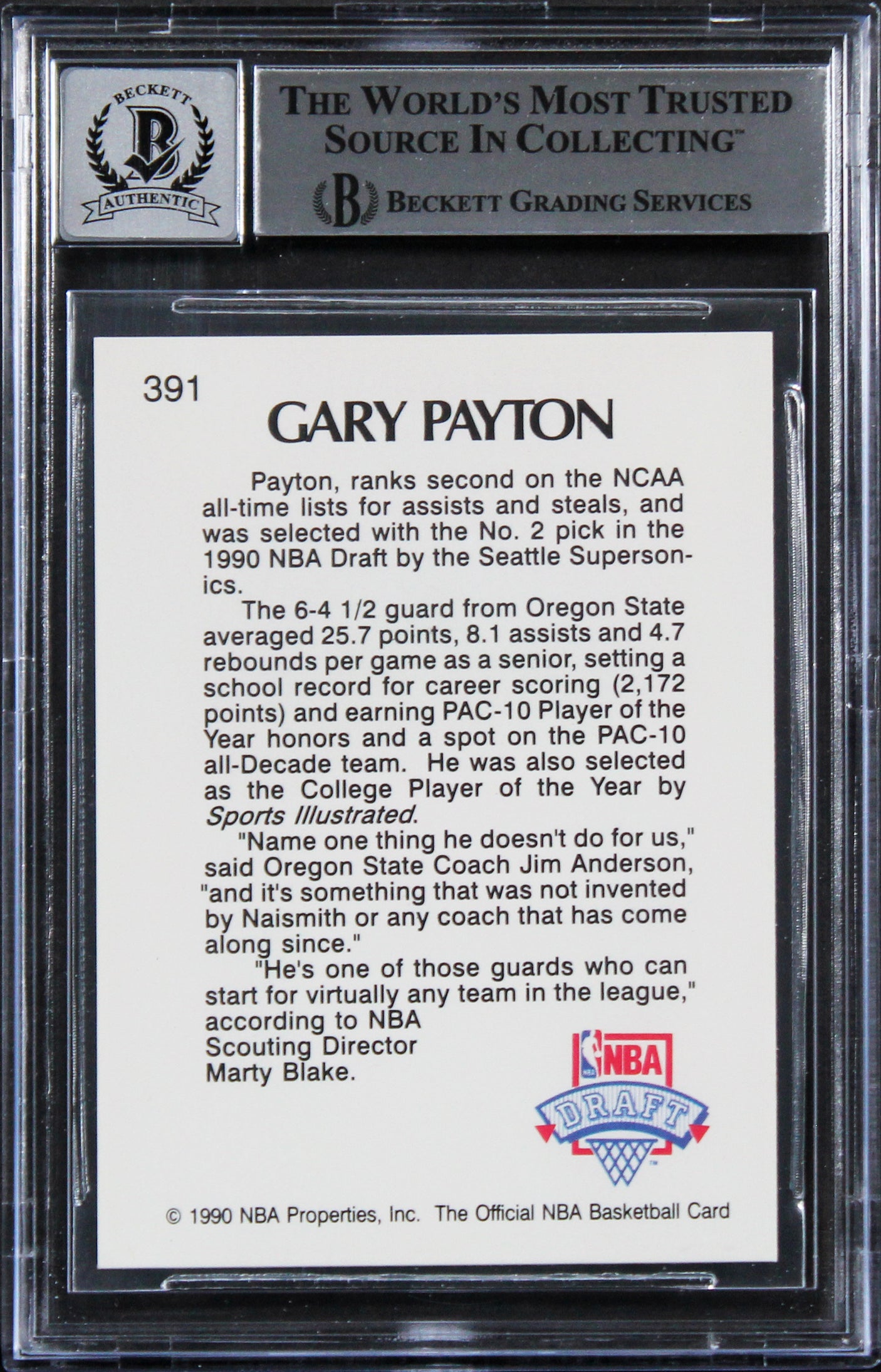 Sonics Gary Payton Signed 1990 Hoops #391 Rookie Card Auto 10! BAS Slabbed