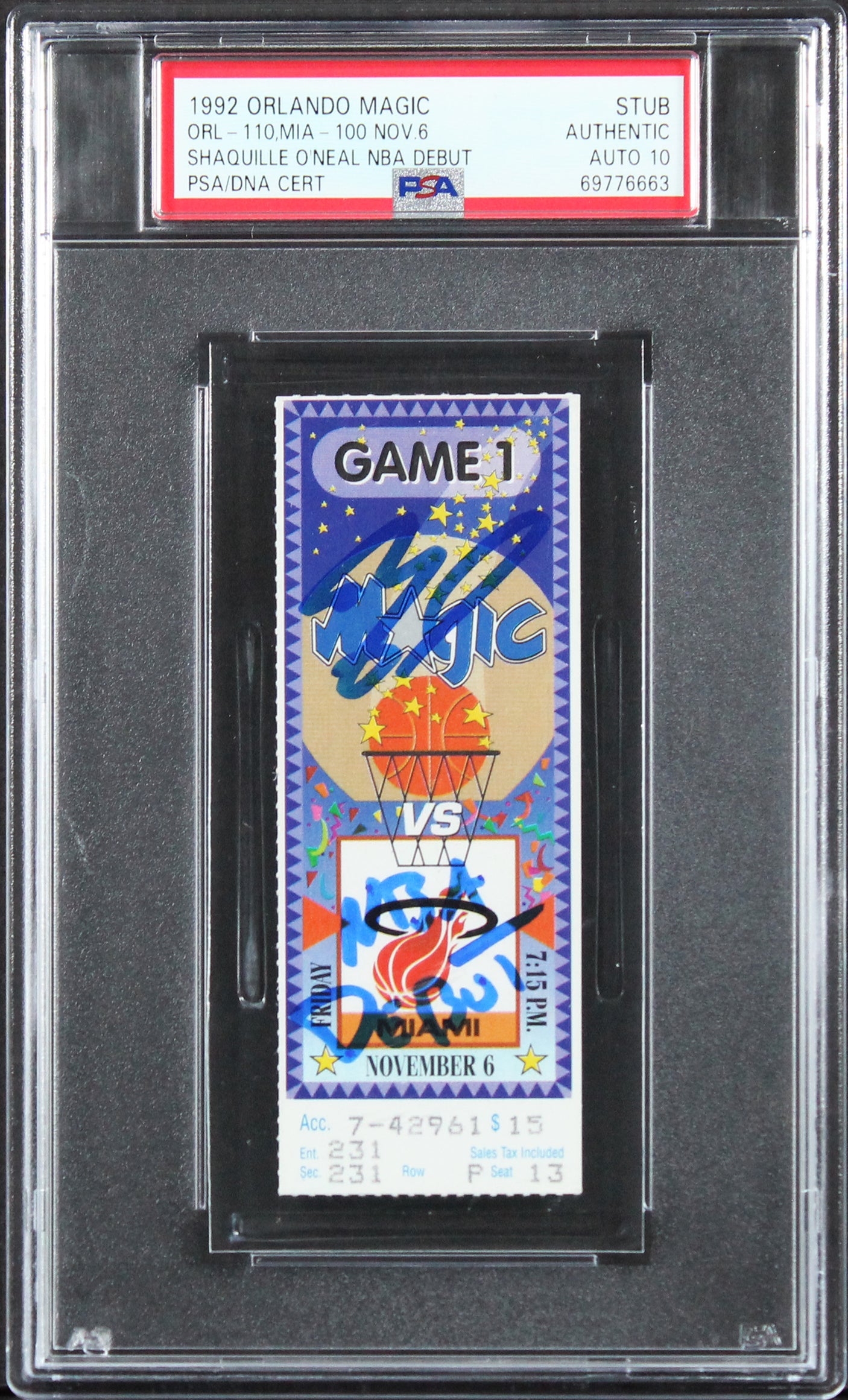 Magic Shaquille O'Neal "NBA Debut" Signed 1992 Ticket Stub Auto 10! PSA Slabbed