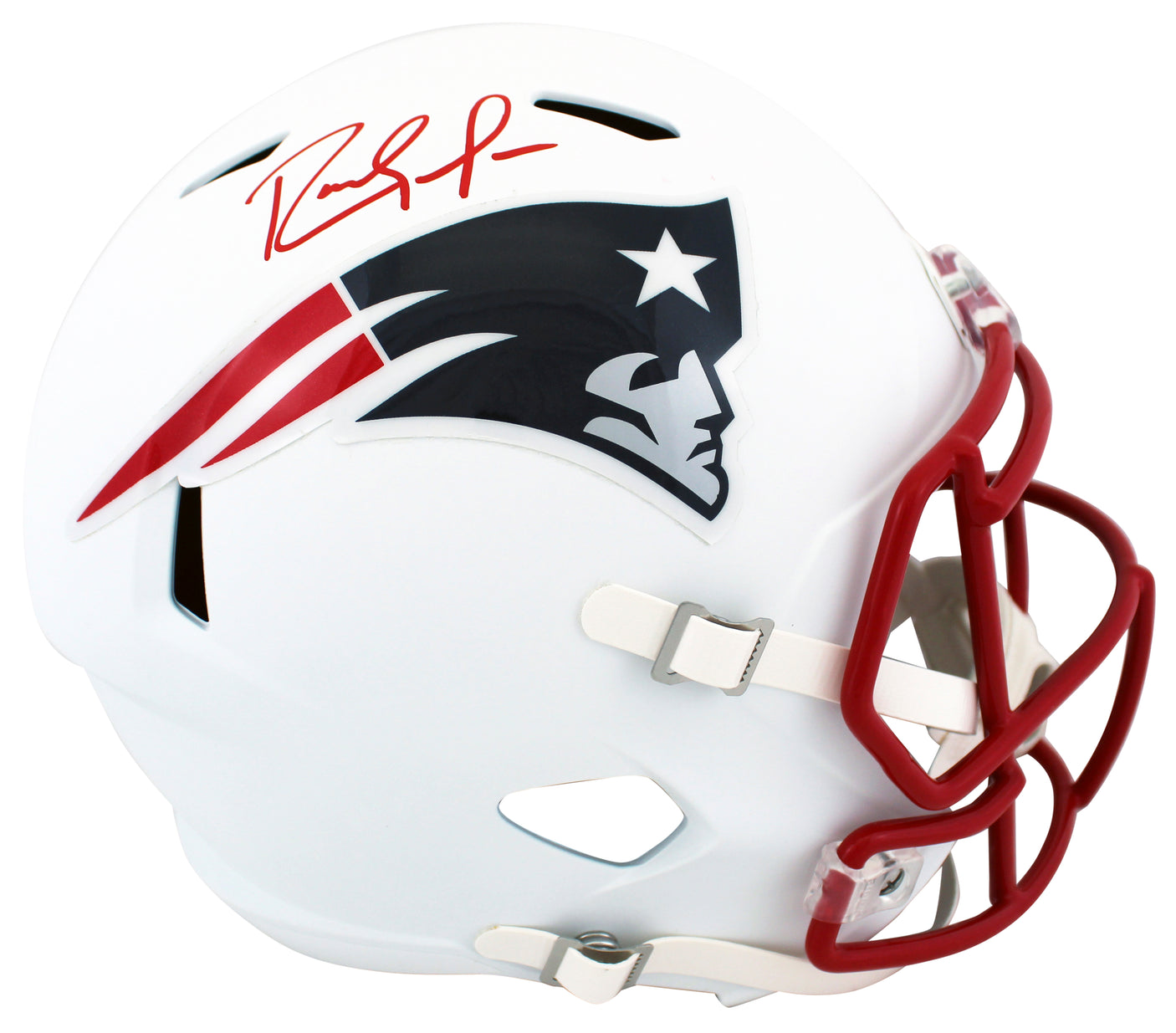 Patriots Randy Moss Signed Flat White Full Size Speed Rep Helmet BAS Witnessed