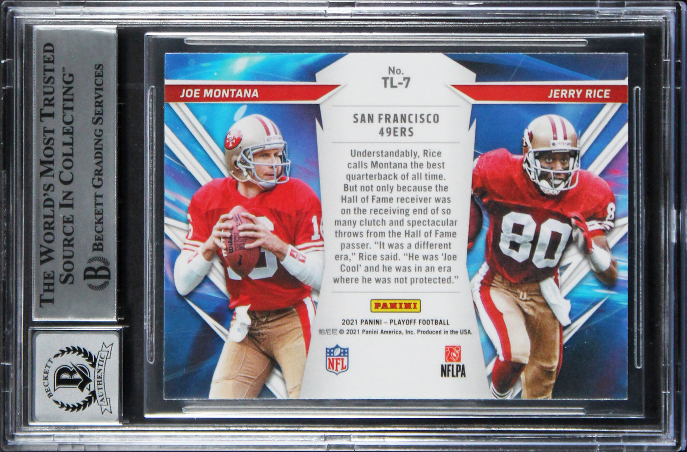 49ers Joe Montana & Jerry Rice Signed 2021 Playoff T&L #7 Card Auto 10! BAS Slab