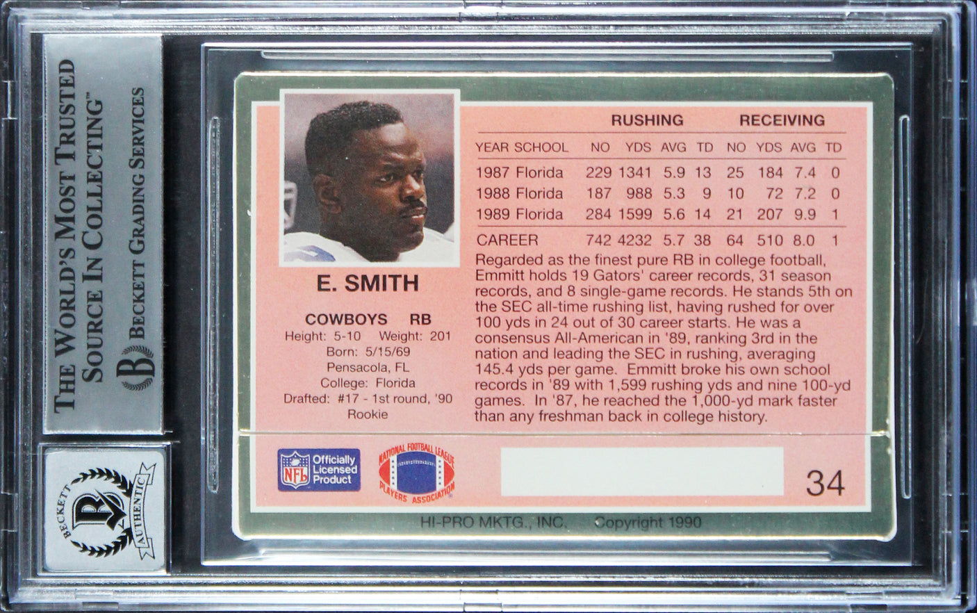 Cowboys Emmitt Smith Signed 1990 Action Packed #34 Rookie Card Auto 10! BAS Slab